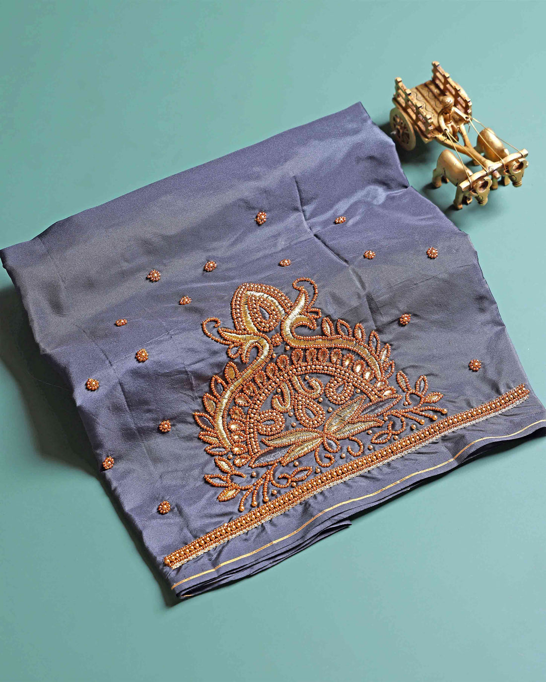 Traditional Embroidered Designer Blouse Material with Intricate Bead and Thread Work - Grey