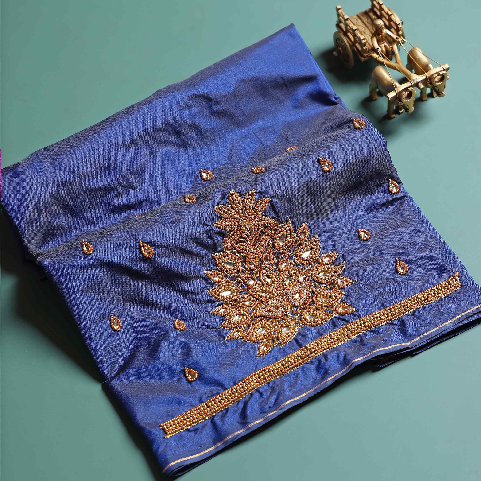 Traditional Embroidered Designer Blouse Material with Intricate Bead and Thread Work - Navy Blue