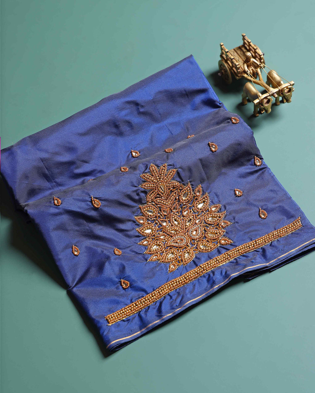 Traditional Embroidered Designer Blouse Material with Intricate Bead and Thread Work - Navy Blue