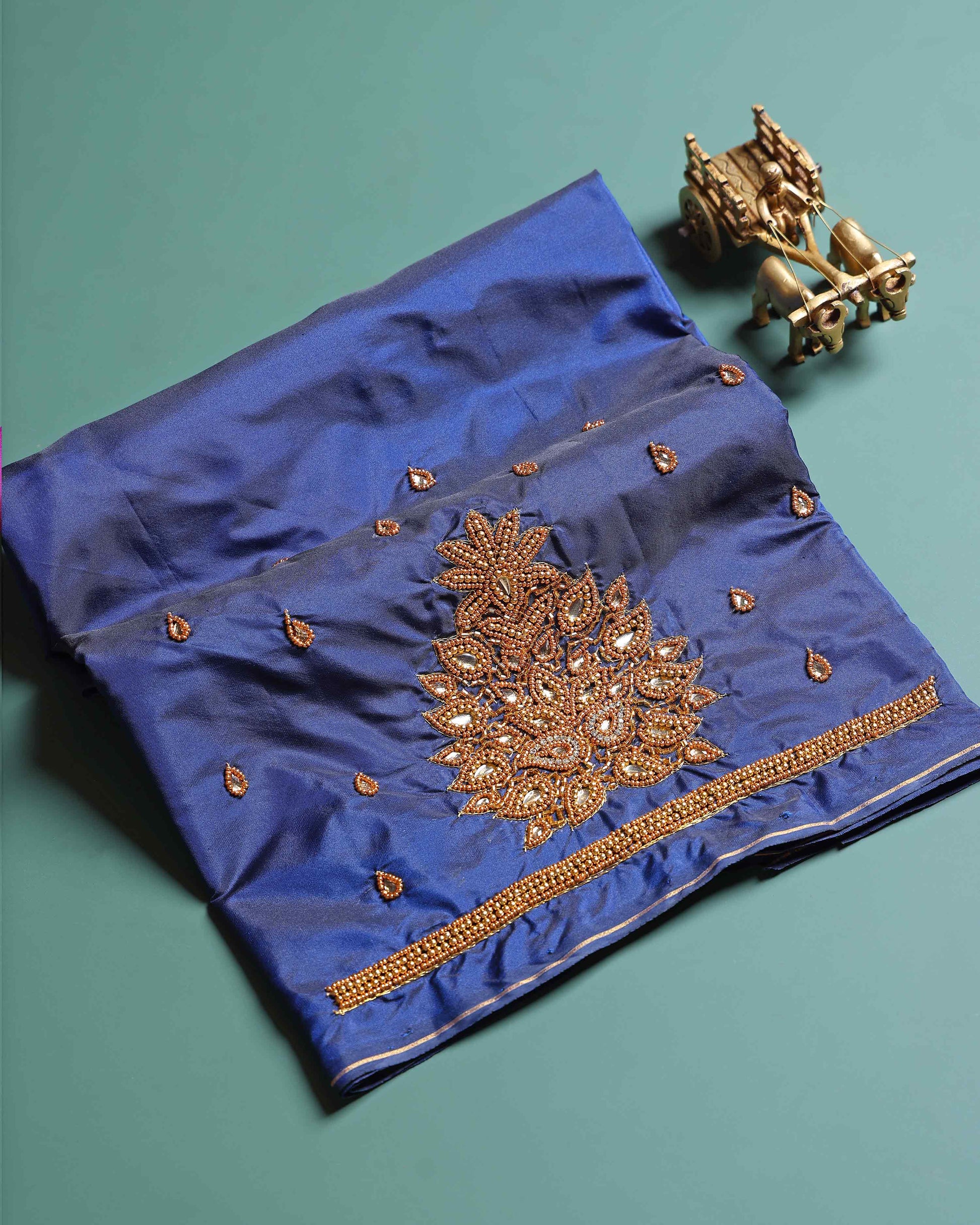 Traditional Embroidered Designer Blouse Material with Intricate Bead and Thread Work - Navy Blue