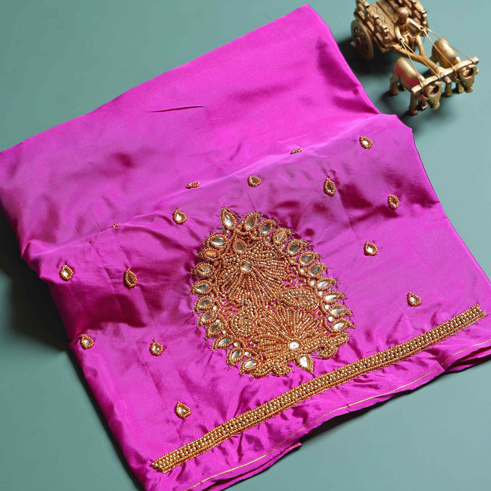 Traditional Embroidered Designer Blouse Material with Intricate Bead and Thread Work - Pink