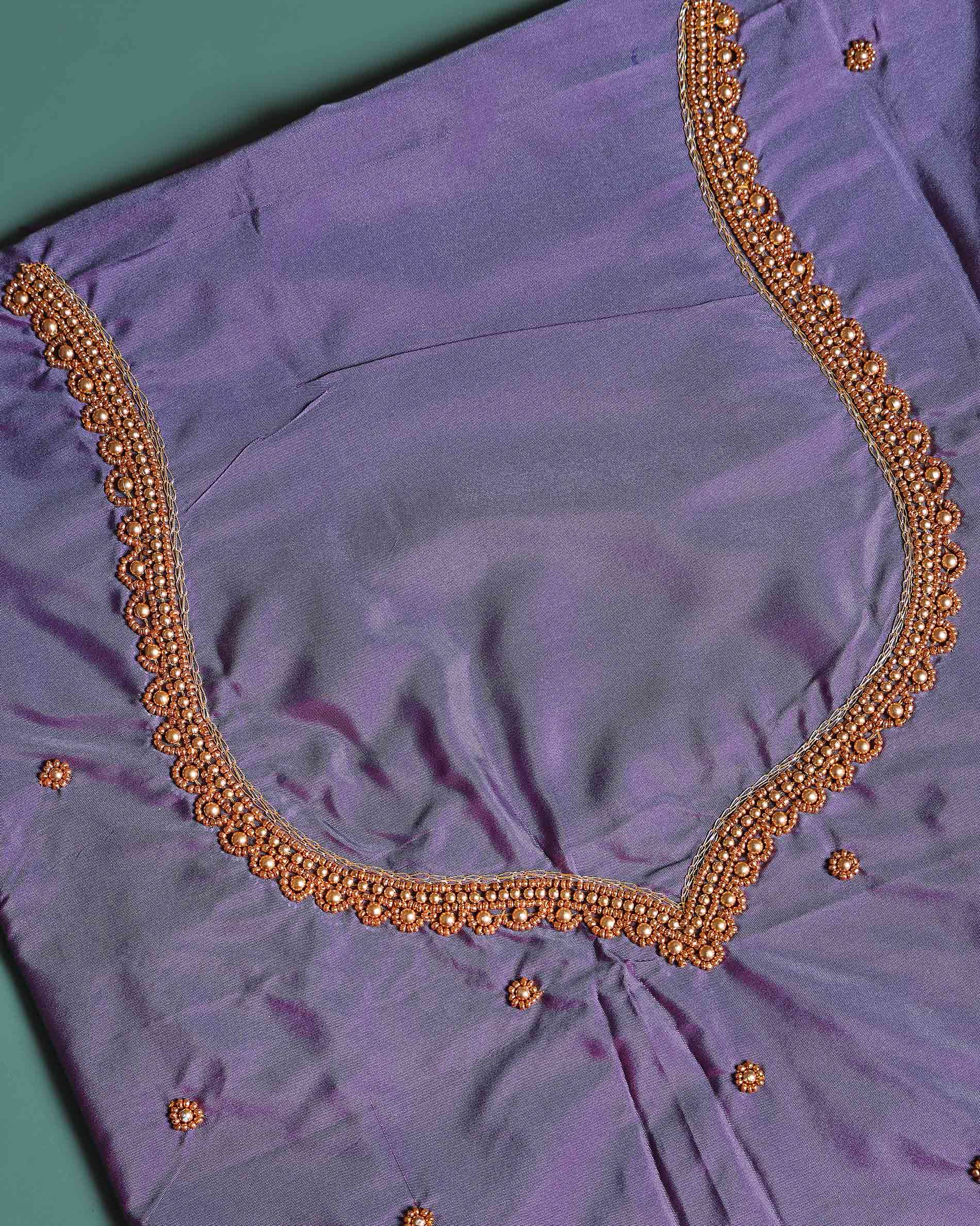 Traditional Embroidered Designer Blouse Material with Intricate Bead and Thread Work - Purple-Close
