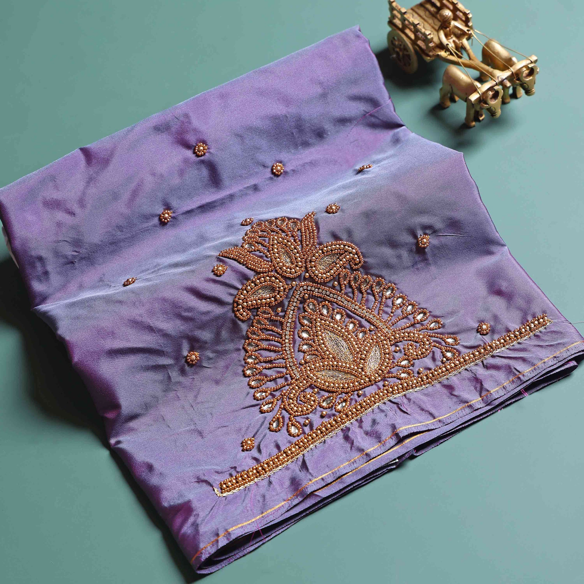 Traditional Embroidered Designer Blouse Material with Intricate Bead and Thread Work - Purple