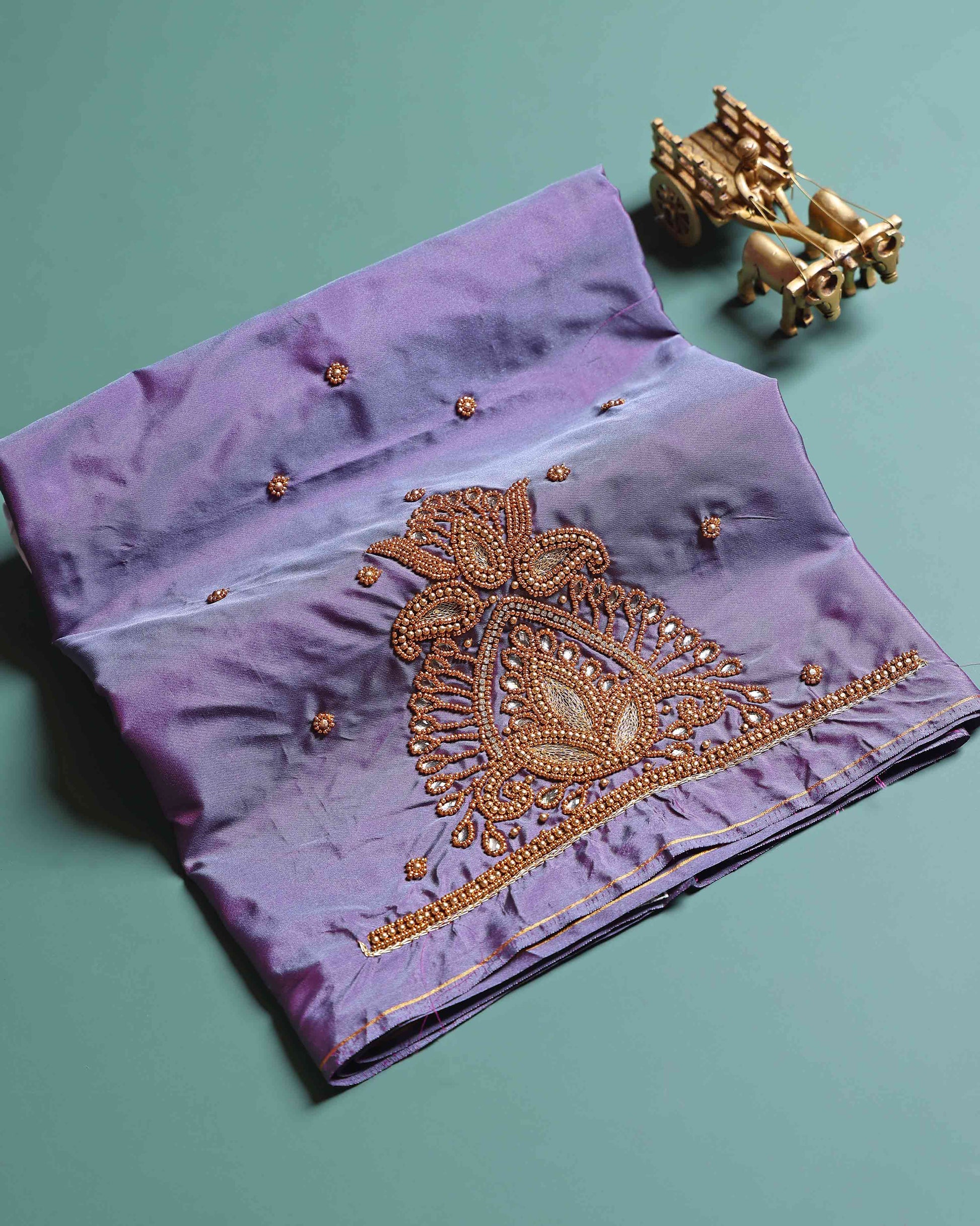 Traditional Embroidered Designer Blouse Material with Intricate Bead and Thread Work - Purple