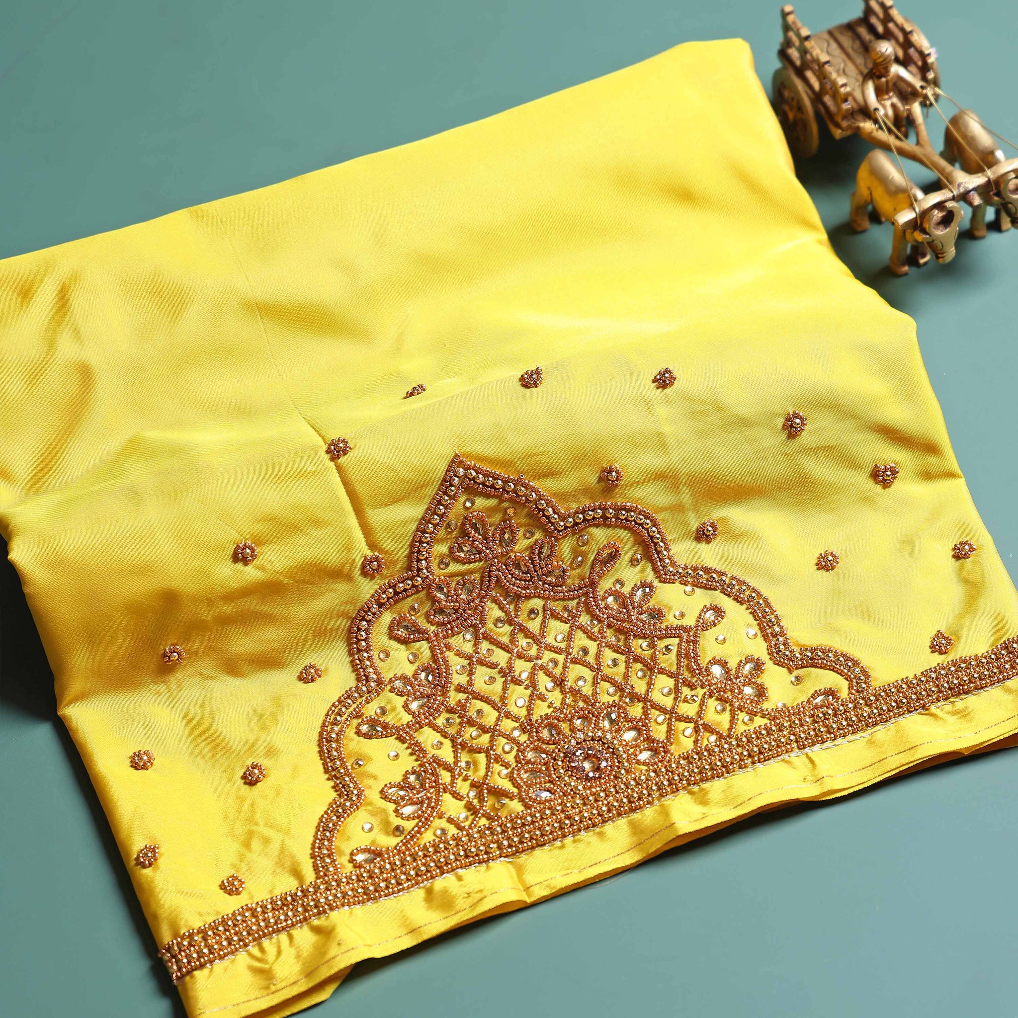 Traditional Embroidered Designer Blouse Material with Intricate Bead and Thread Work - Yellow