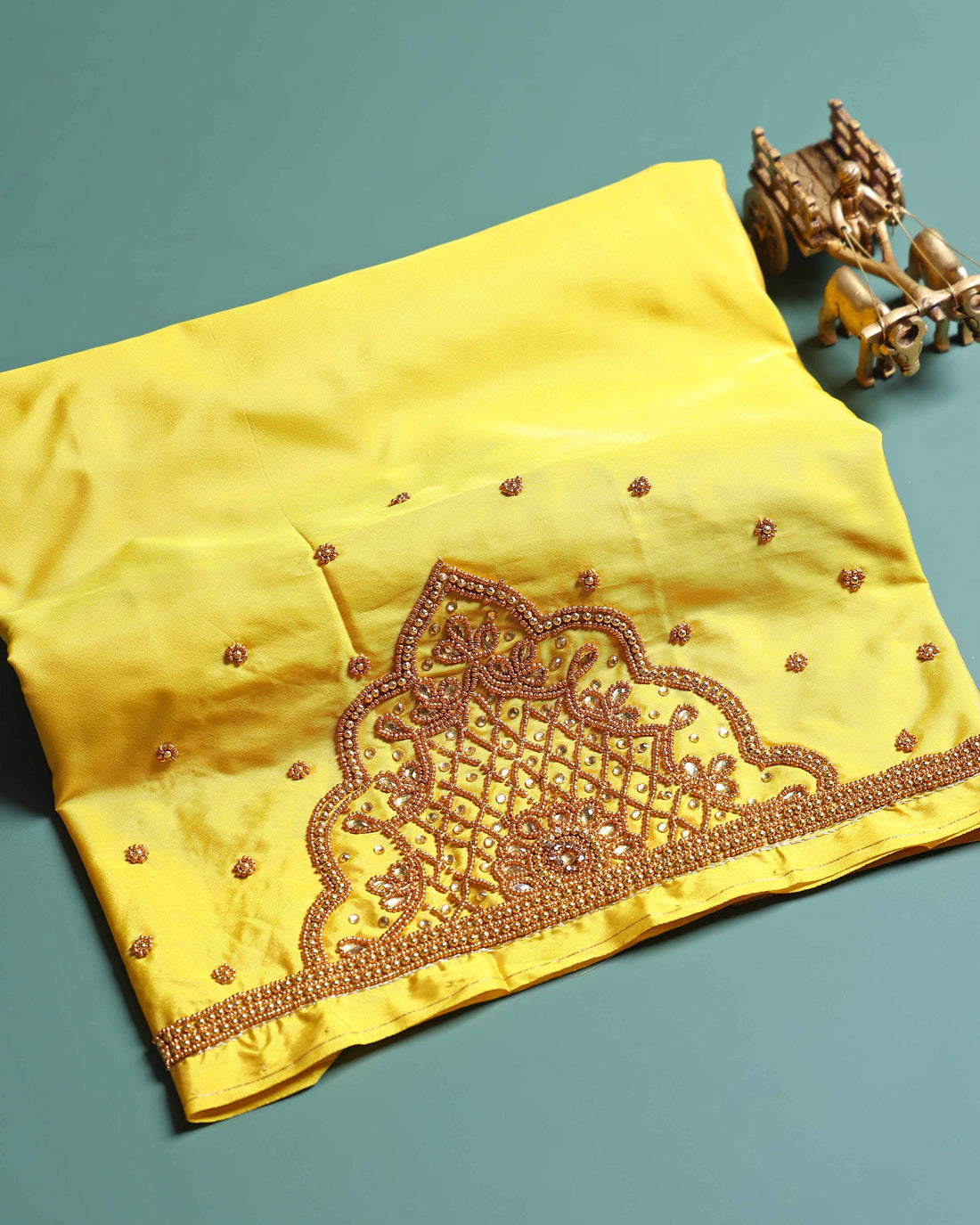 Traditional Embroidered Designer Blouse Material with Intricate Bead and Thread Work - Yellow