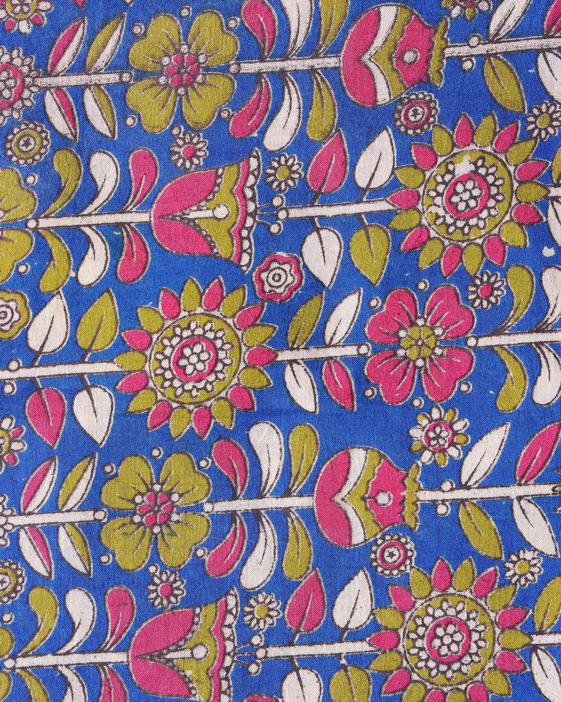 Traditional Floral Block Print Unstitched Blouse Material - Blue