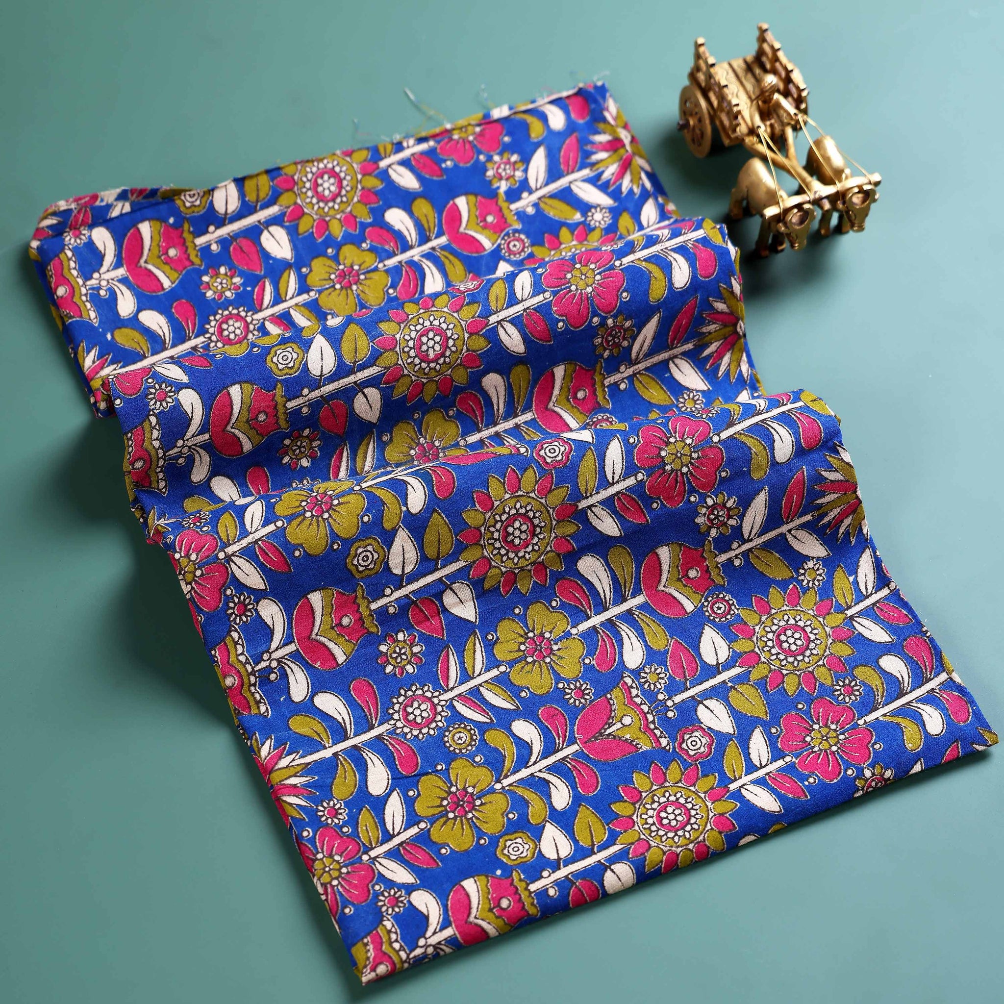 Traditional Floral Block Print Unstitched Blouse Material - Blue