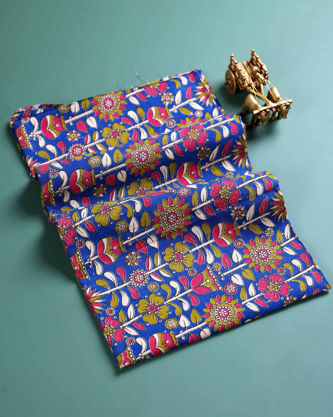 Traditional Floral Block Print Unstitched Blouse Material - Blue