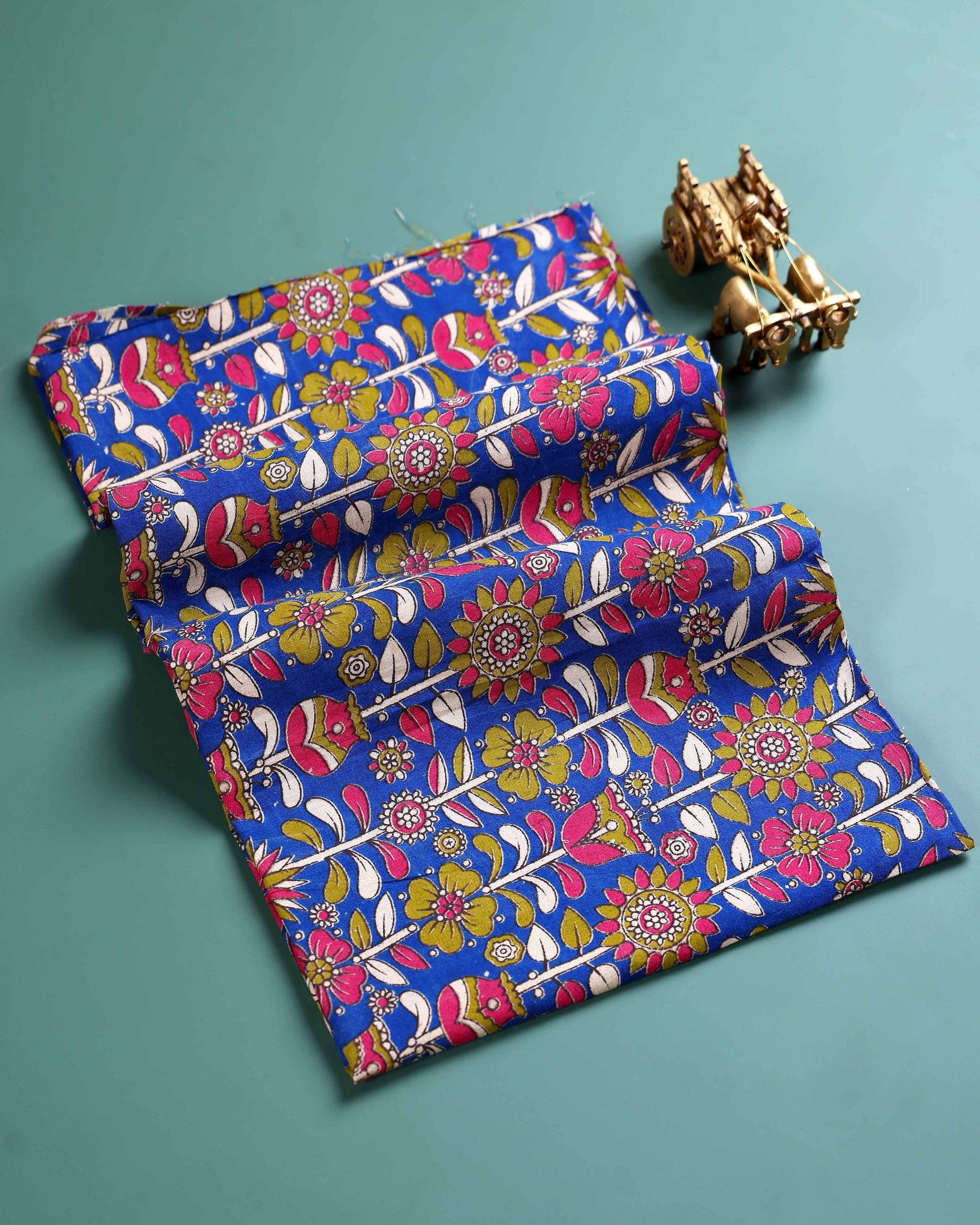 Traditional Floral Block Print Unstitched Blouse Material - Blue