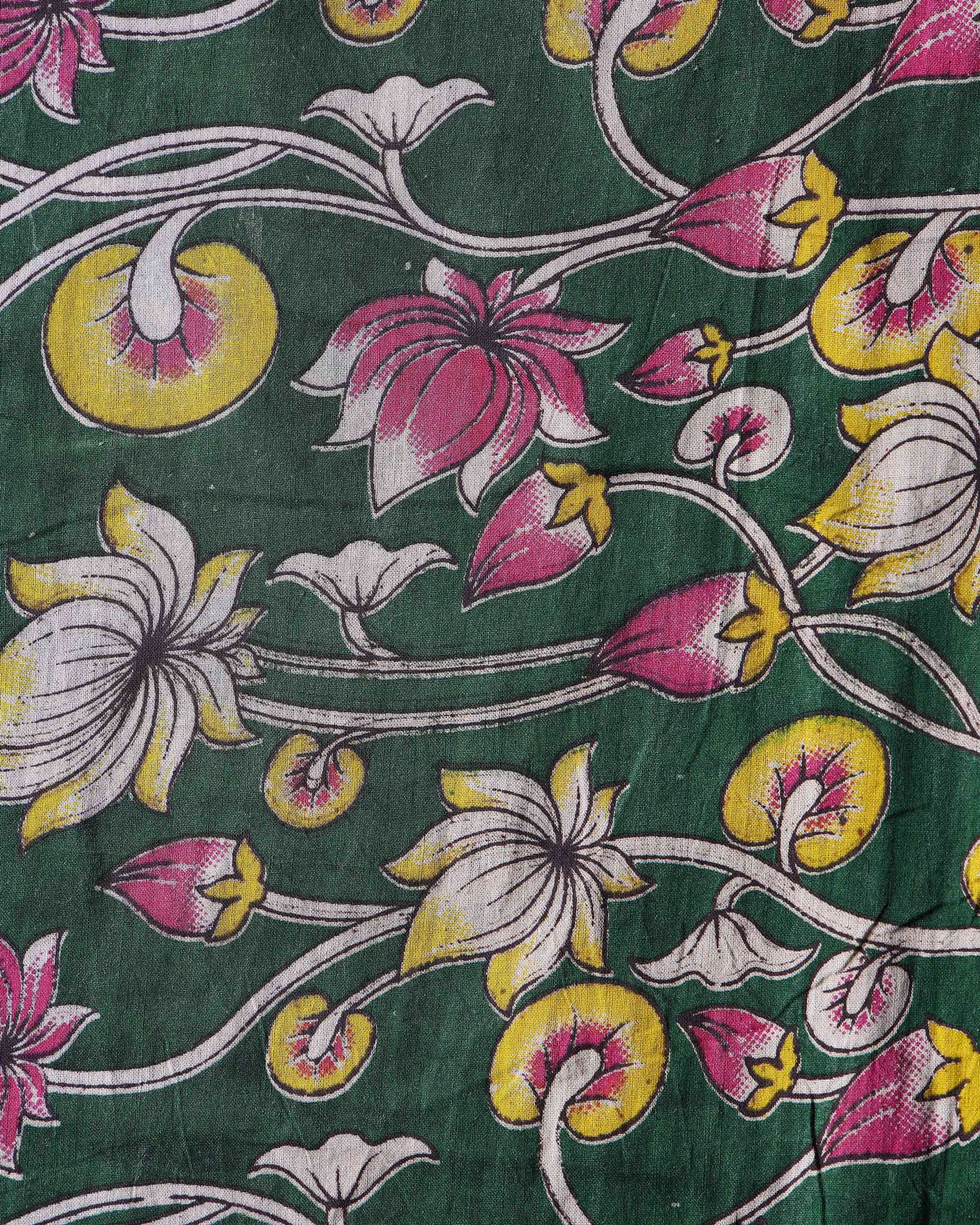 Traditional Floral Block Print Unstitched Blouse Material - Green-Close