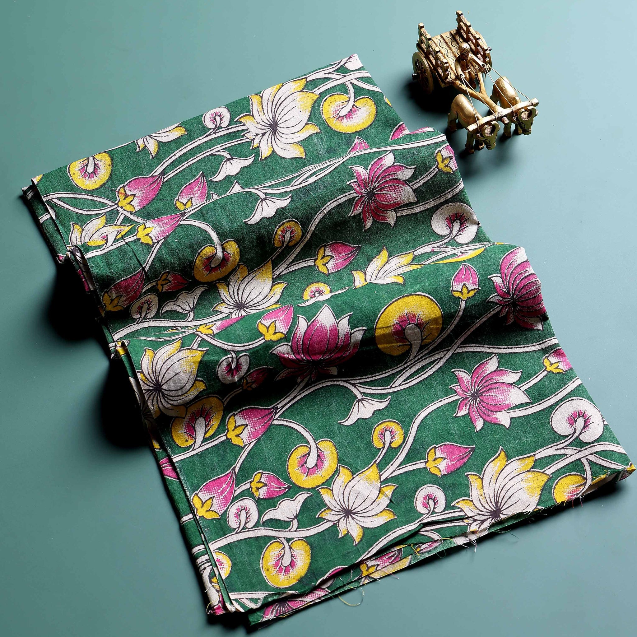 Traditional Floral Block Print Unstitched Blouse Material - Green