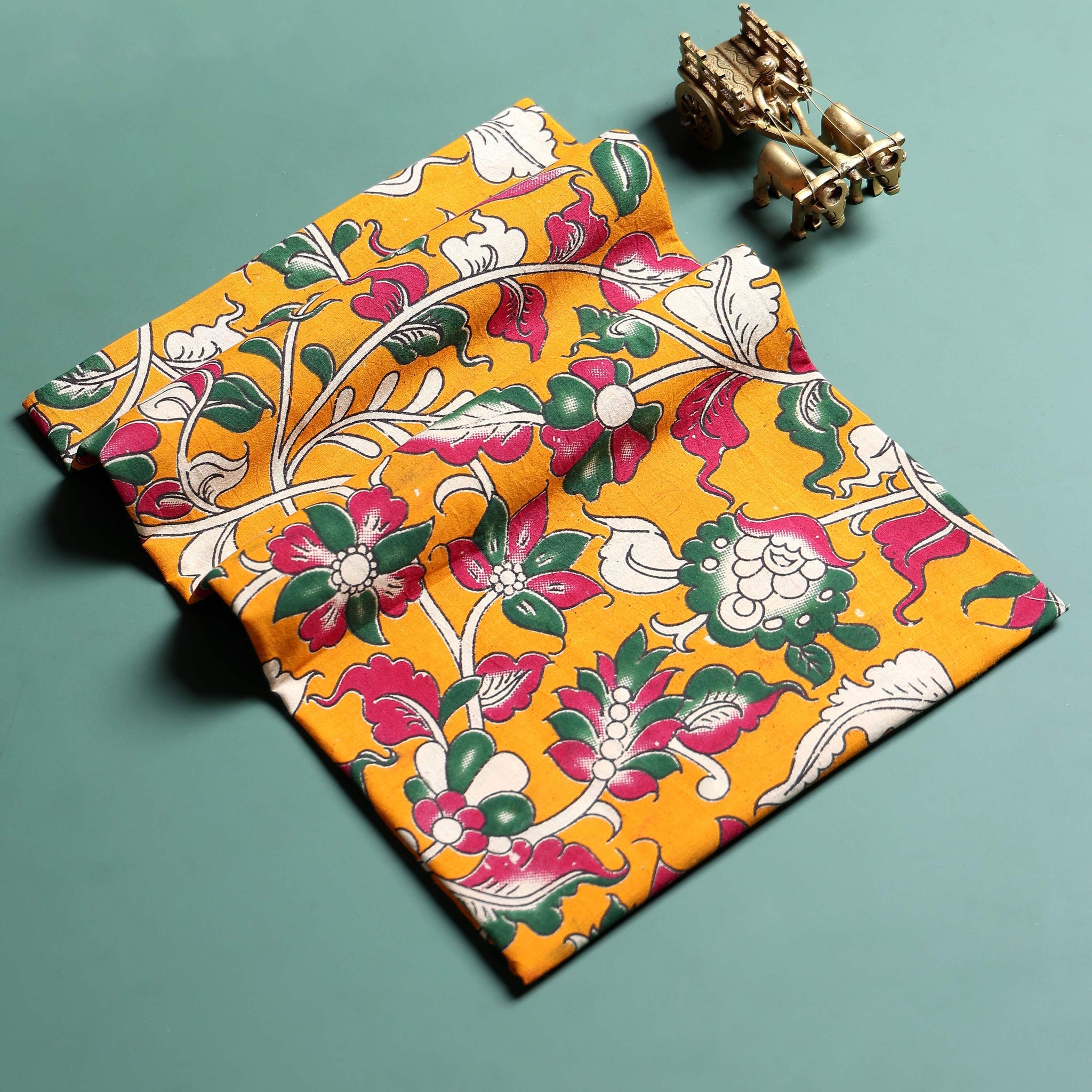 Traditional Floral Kalamkari Printed Cotton 1 Meter Blouse Material for Women - Yellow