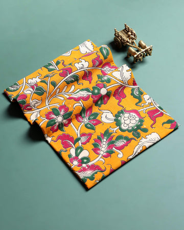 Traditional Floral Kalamkari Printed Cotton 1 Meter Blouse Material for Women - Yellow