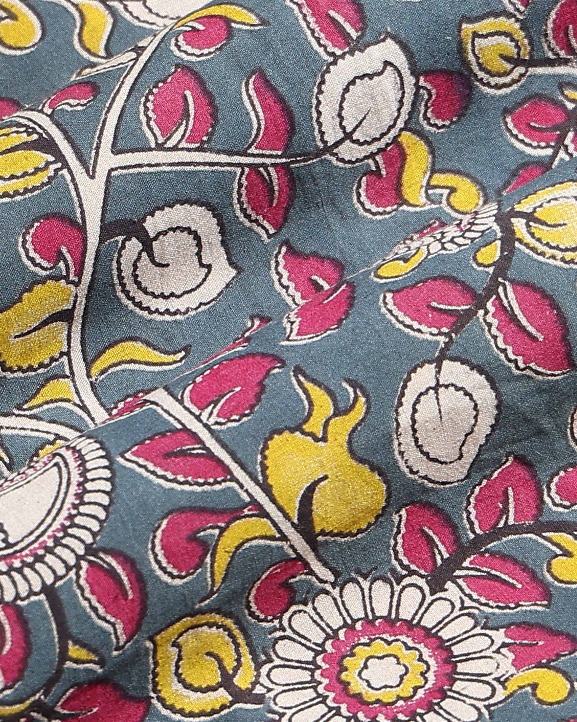 Traditional Floral Printed Cotton 1 Meter Blouse Material for Women - Grey