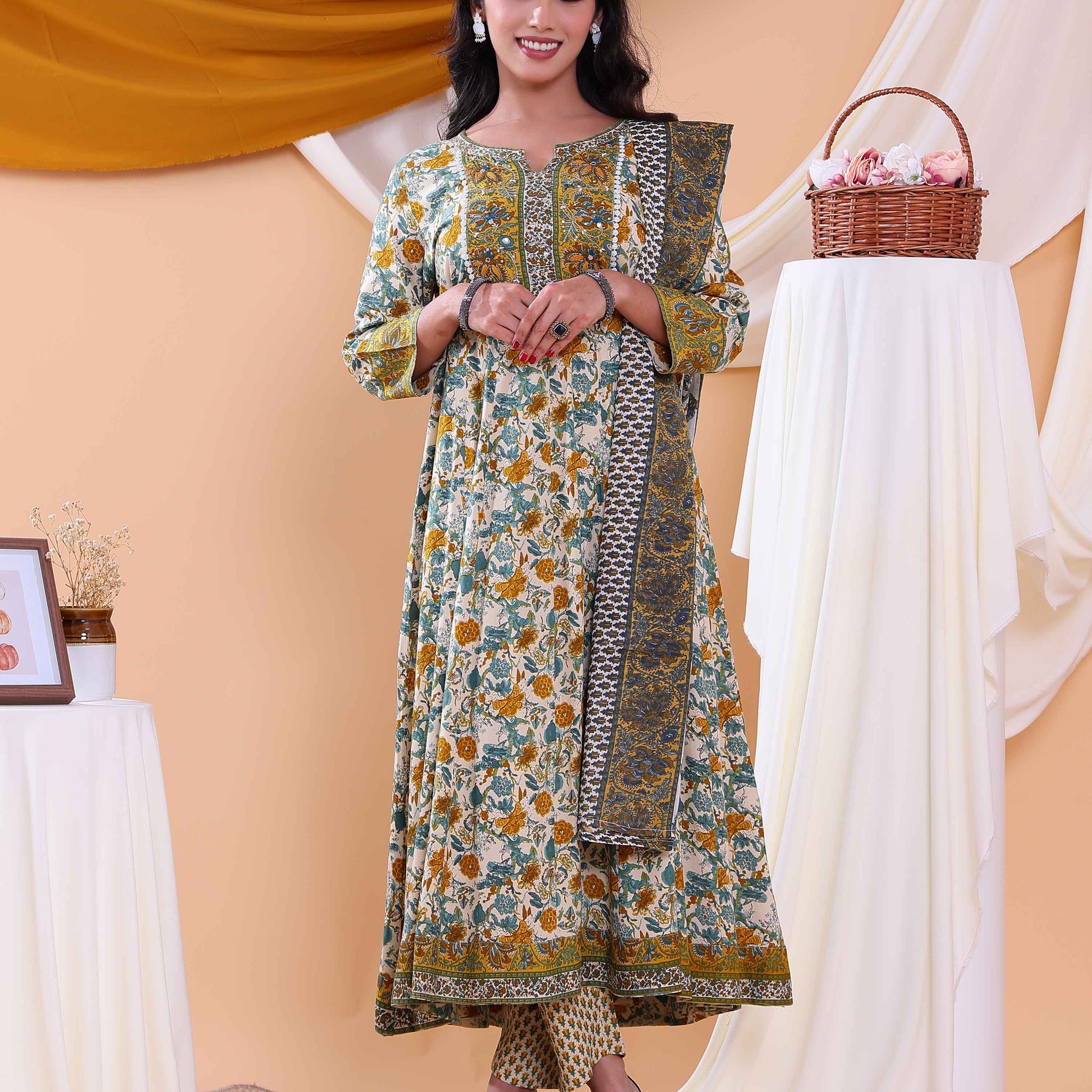 Traditional Floral Printed Design Women's Readymade Salwar Set with Elegant Patterns and Comfortable Fit - Cream