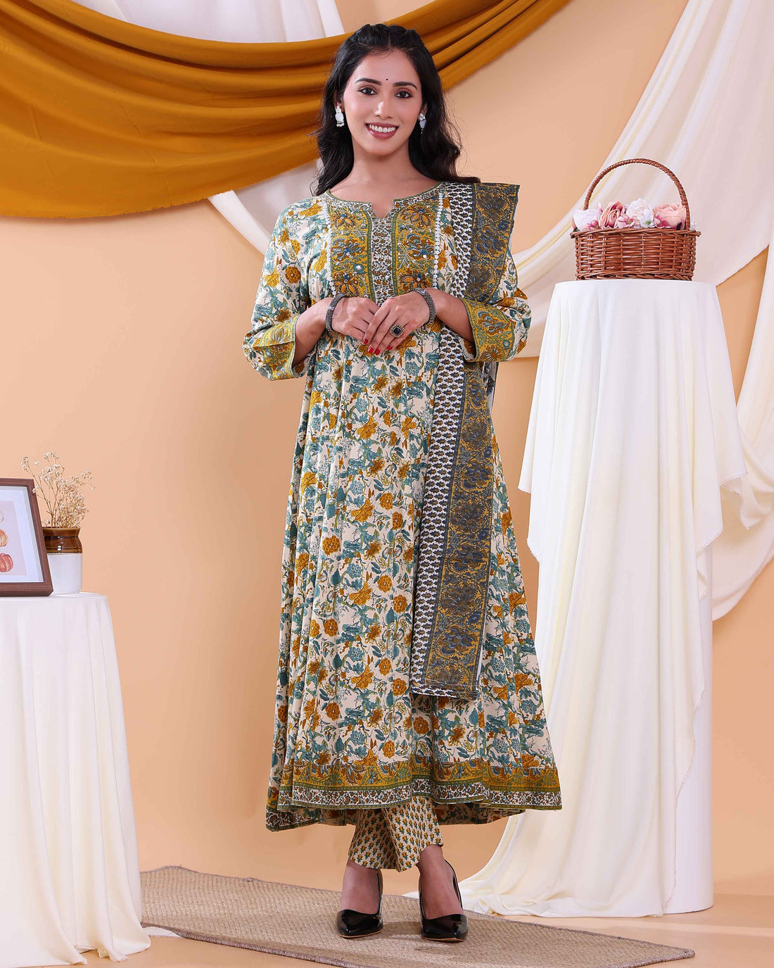 Traditional Floral Printed Design Women's Readymade Salwar Set with Elegant Patterns and Comfortable Fit - Cream