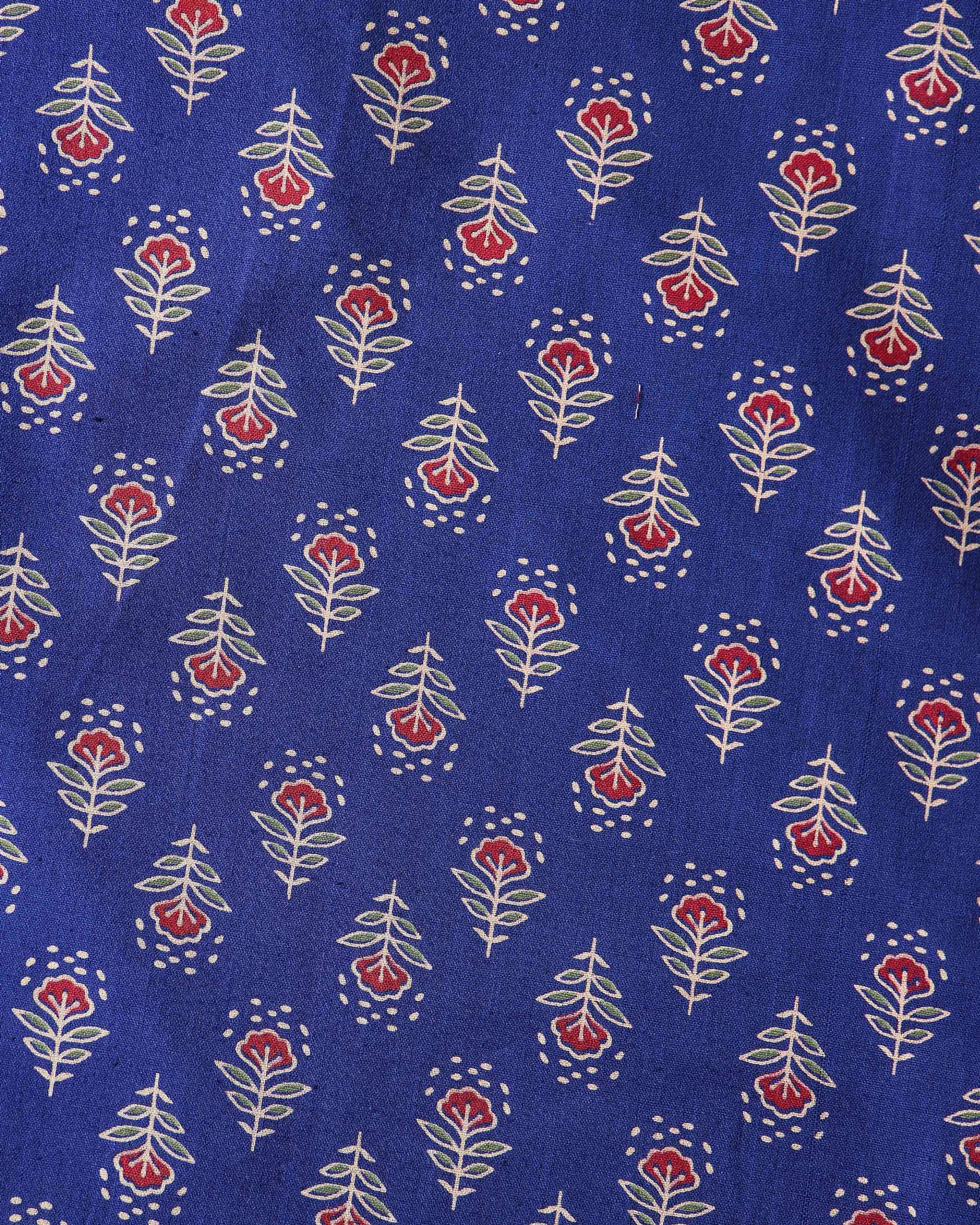 Traditional Floral Printed Unstitched Blouse Material - Blue-Close