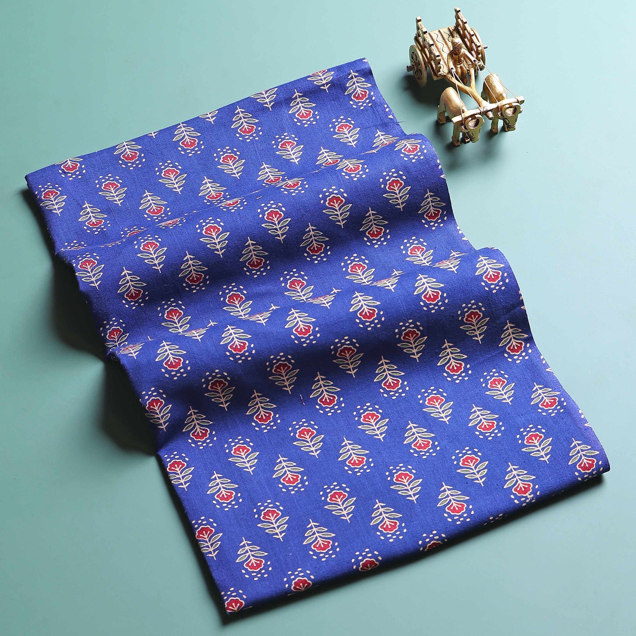Traditional Floral Printed Unstitched Blouse Material - Blue