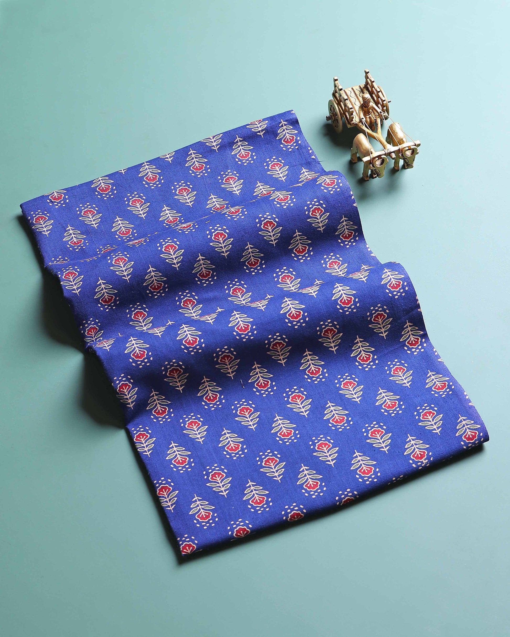 Traditional Floral Printed Unstitched Blouse Material - Blue