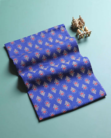 Traditional Floral Printed Unstitched Blouse Material - Blue