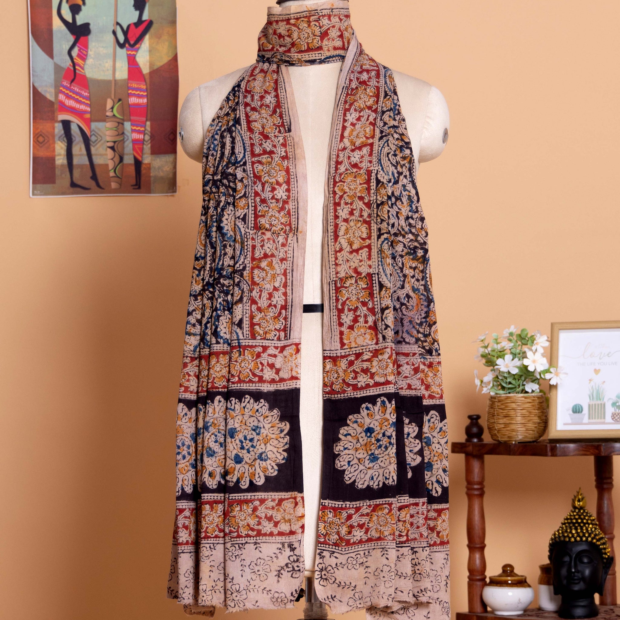 Traditional Floral and Geometric Motif Women's Dupatta with Handcrafted Block Print Design and Detailed Borders- Multi