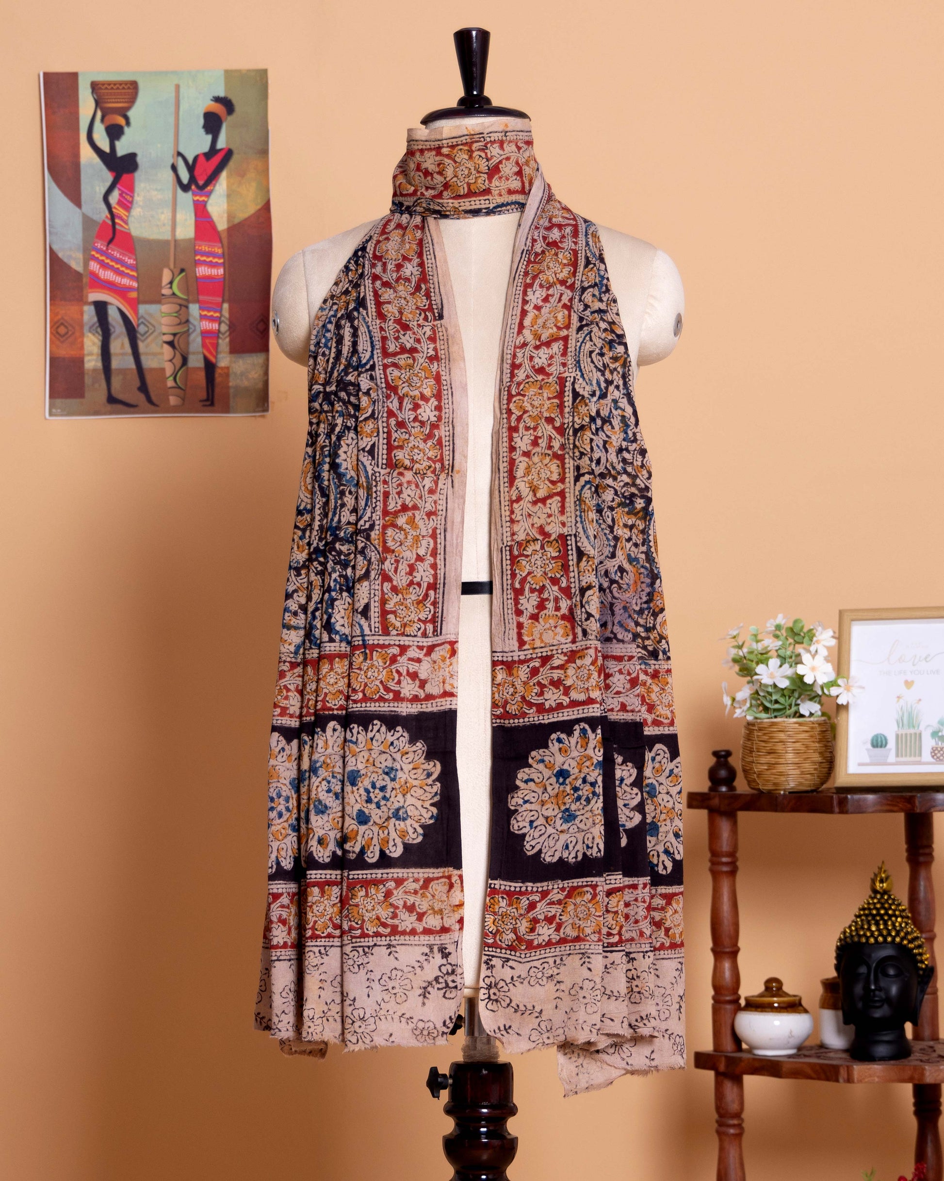 Traditional Floral and Geometric Motif Women's Dupatta with Handcrafted Block Print Design and Detailed Borders- Multi