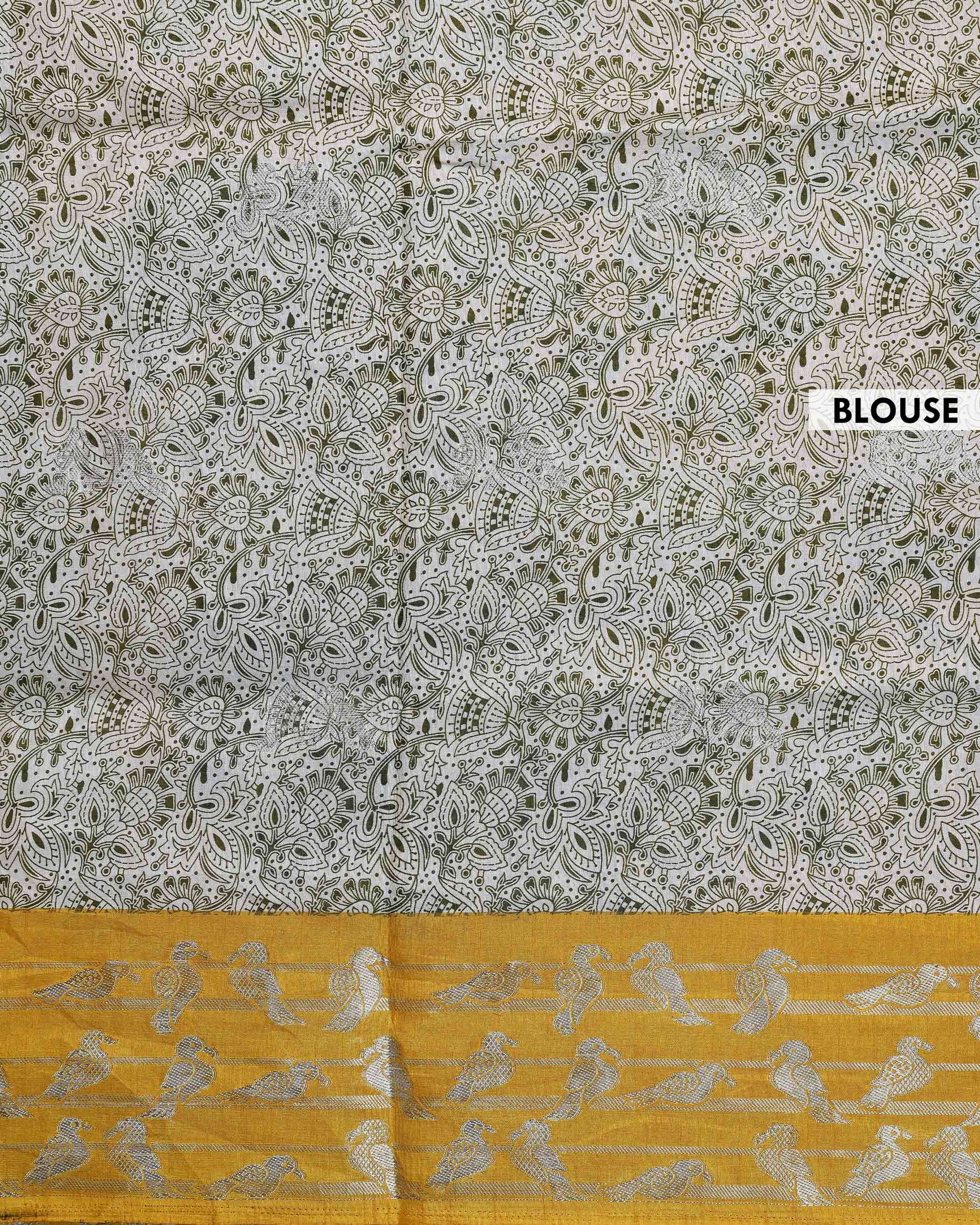 Traditional Floral and Peacock Motif Art Silk Saree with Elegant Woven Border and Intricate Nature Inspired Design - Off White-Blouse