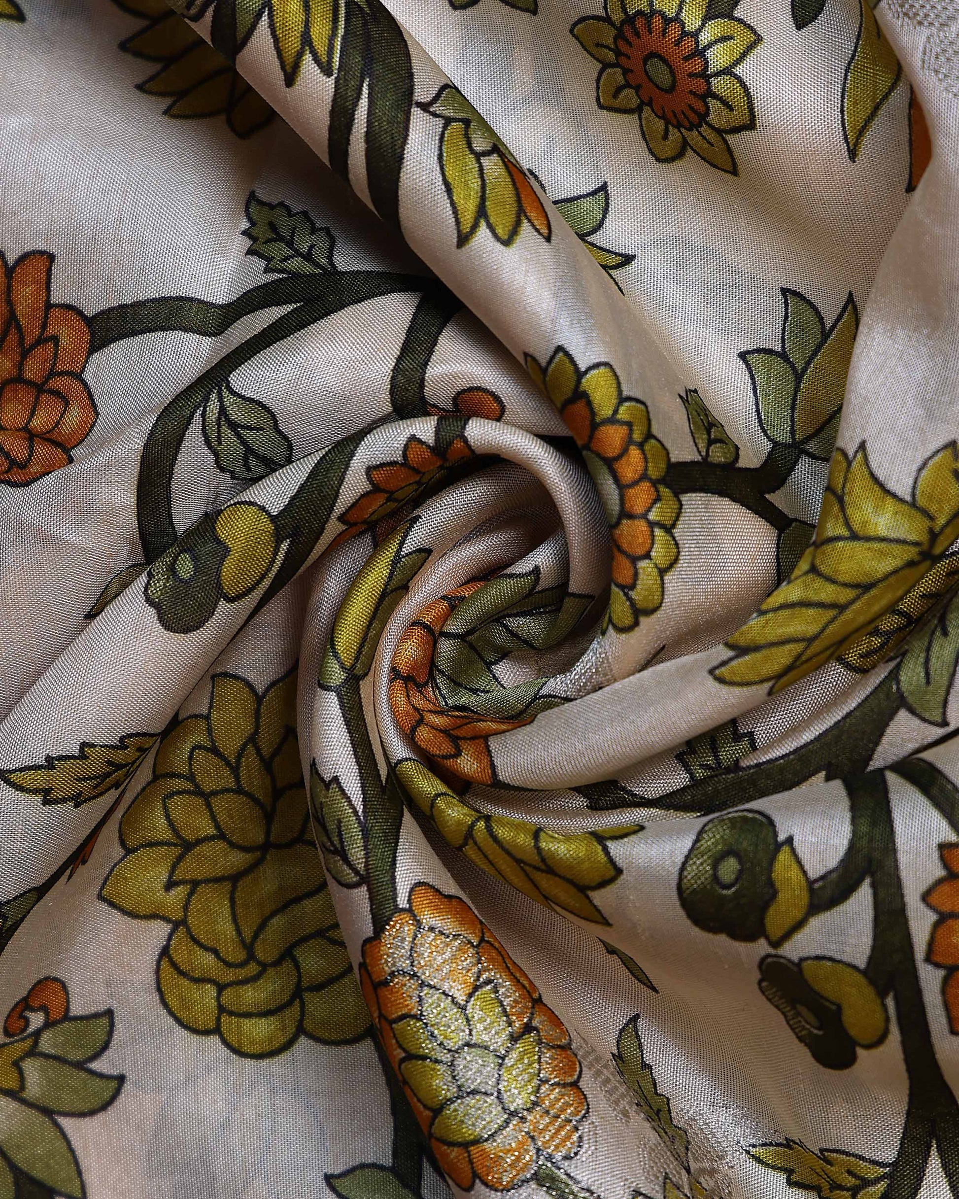 Traditional Floral and Peacock Motif Art Silk Saree with Elegant Woven Border and Intricate Nature Inspired Design - Off White-Close Up