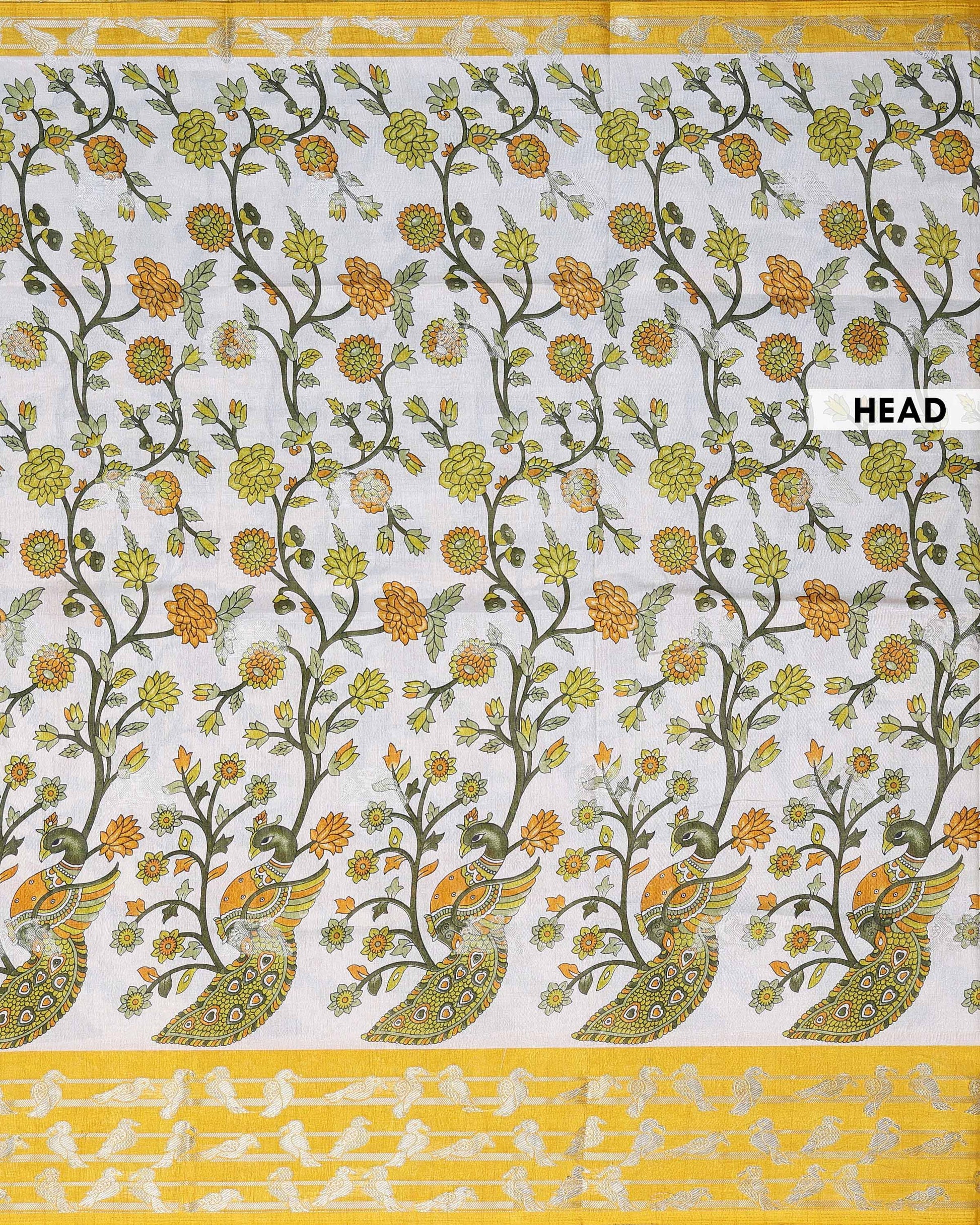 Traditional Floral and Peacock Motif Art Silk Saree with Elegant Woven Border and Intricate Nature Inspired Design - Off White-Head