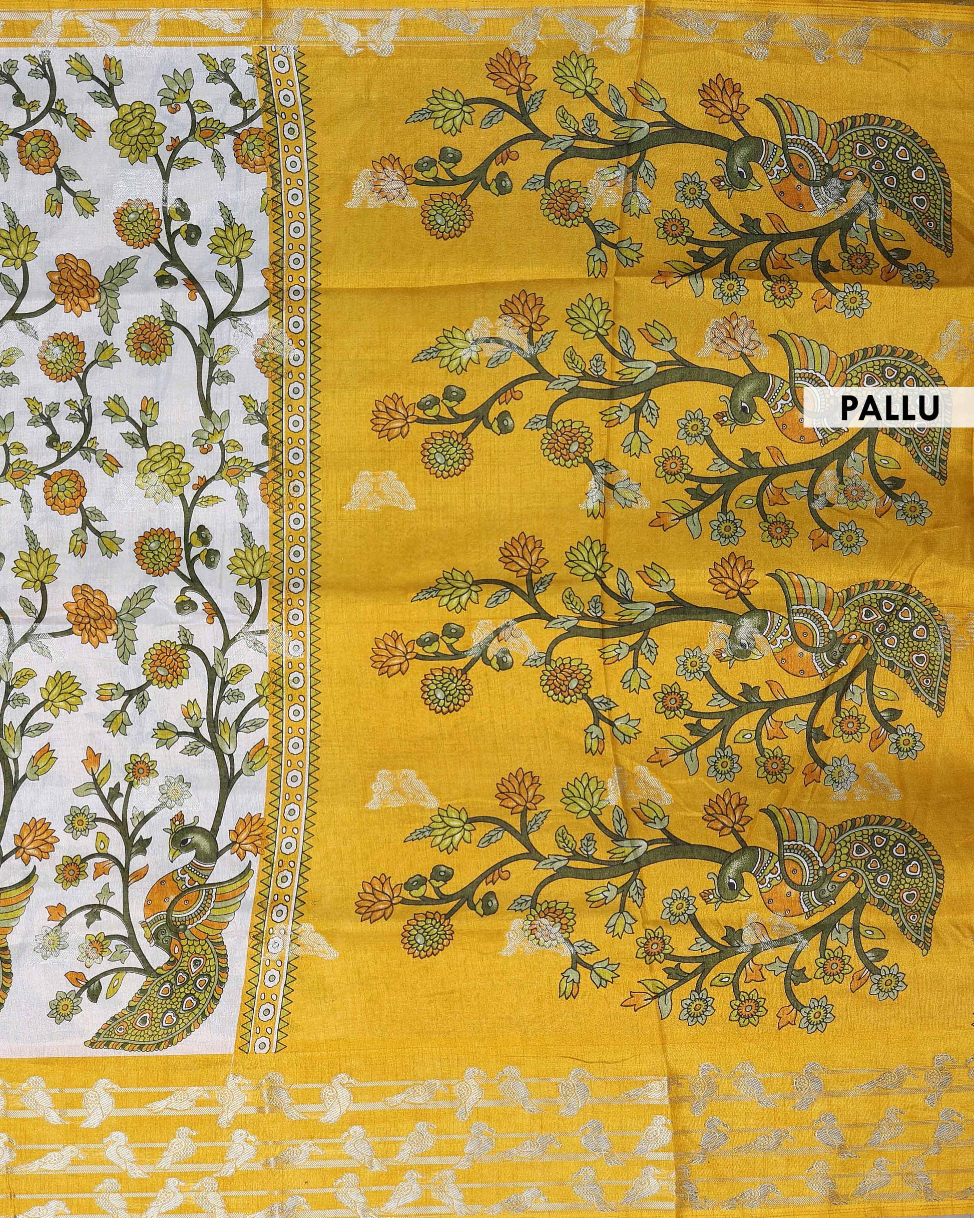Traditional Floral and Peacock Motif Art Silk Saree with Elegant Woven Border and Intricate Nature Inspired Design - Off White-Pallu