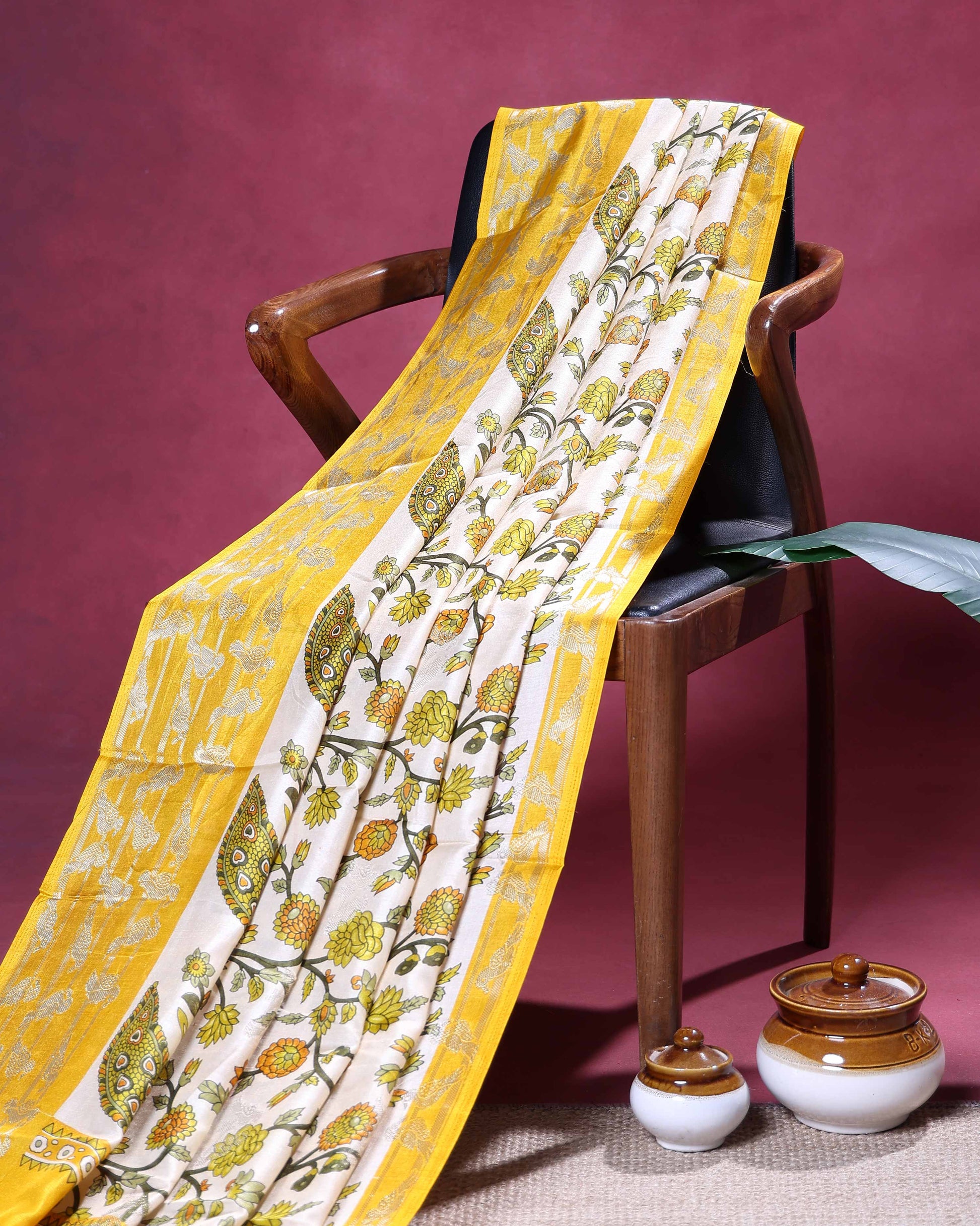 Traditional Floral and Peacock Motif Art Silk Saree with Elegant Woven Border and Intricate Nature Inspired Design - Off White