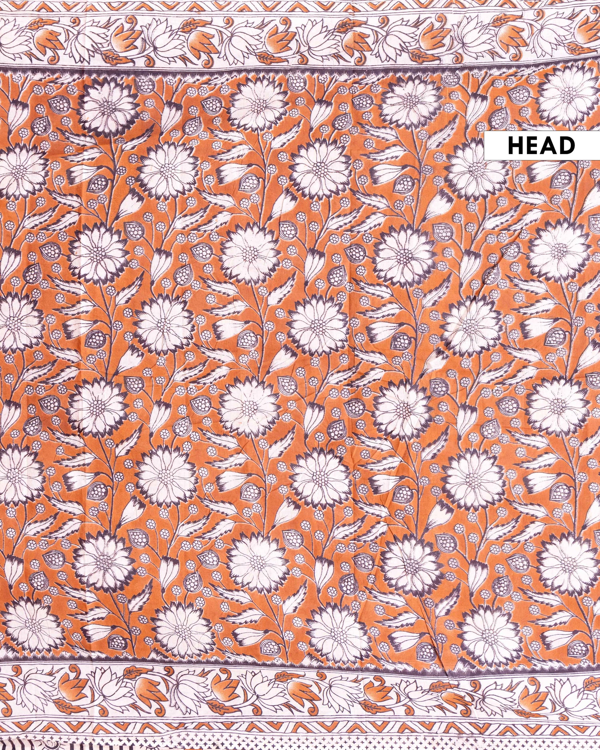 Traditional Hand-Block Printed Kalamkari Cotton Saree with Traditional Floral Motifs - Brown