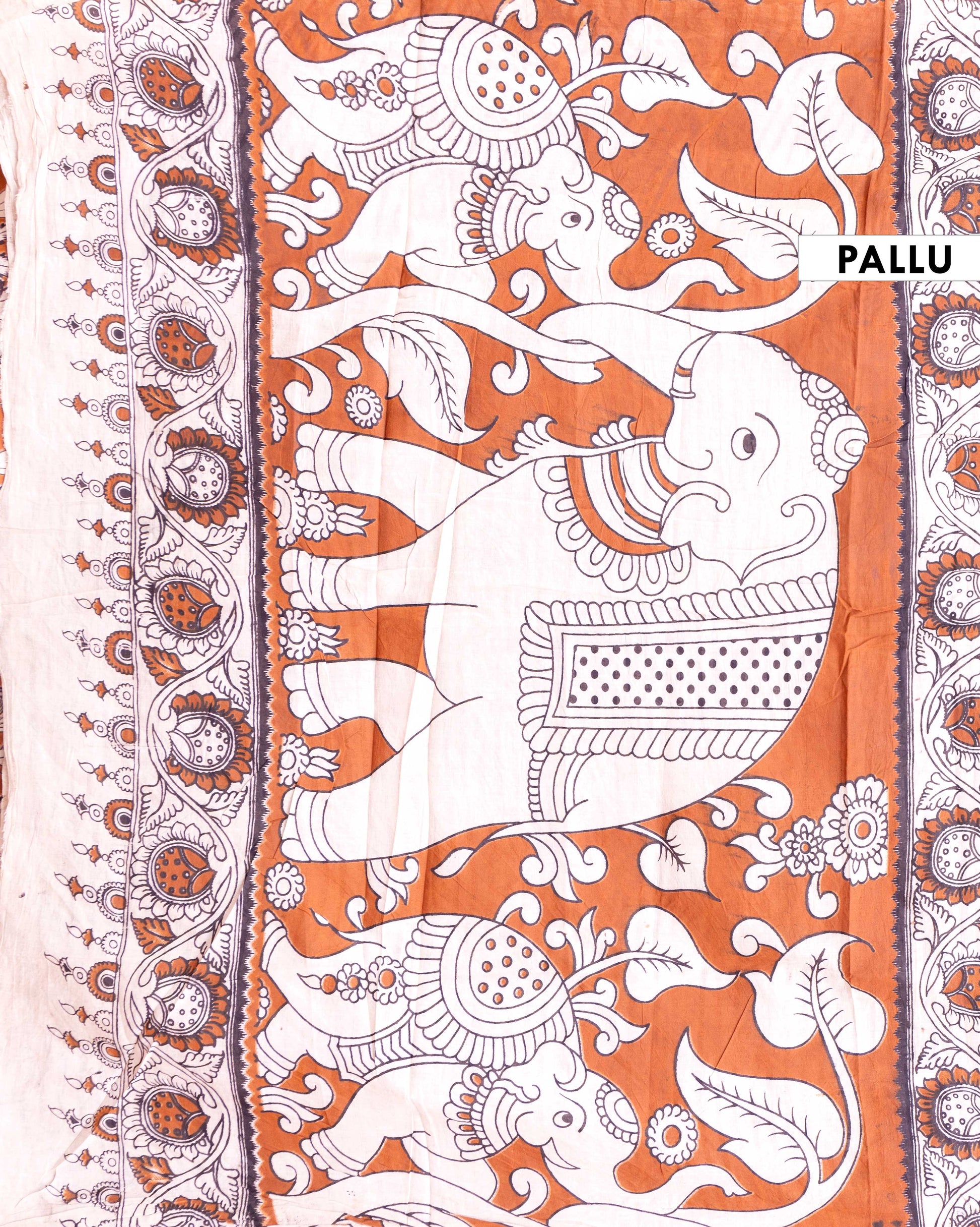 Traditional Hand-Block Printed Kalamkari Cotton Saree with Traditional Floral Motifs - Brown