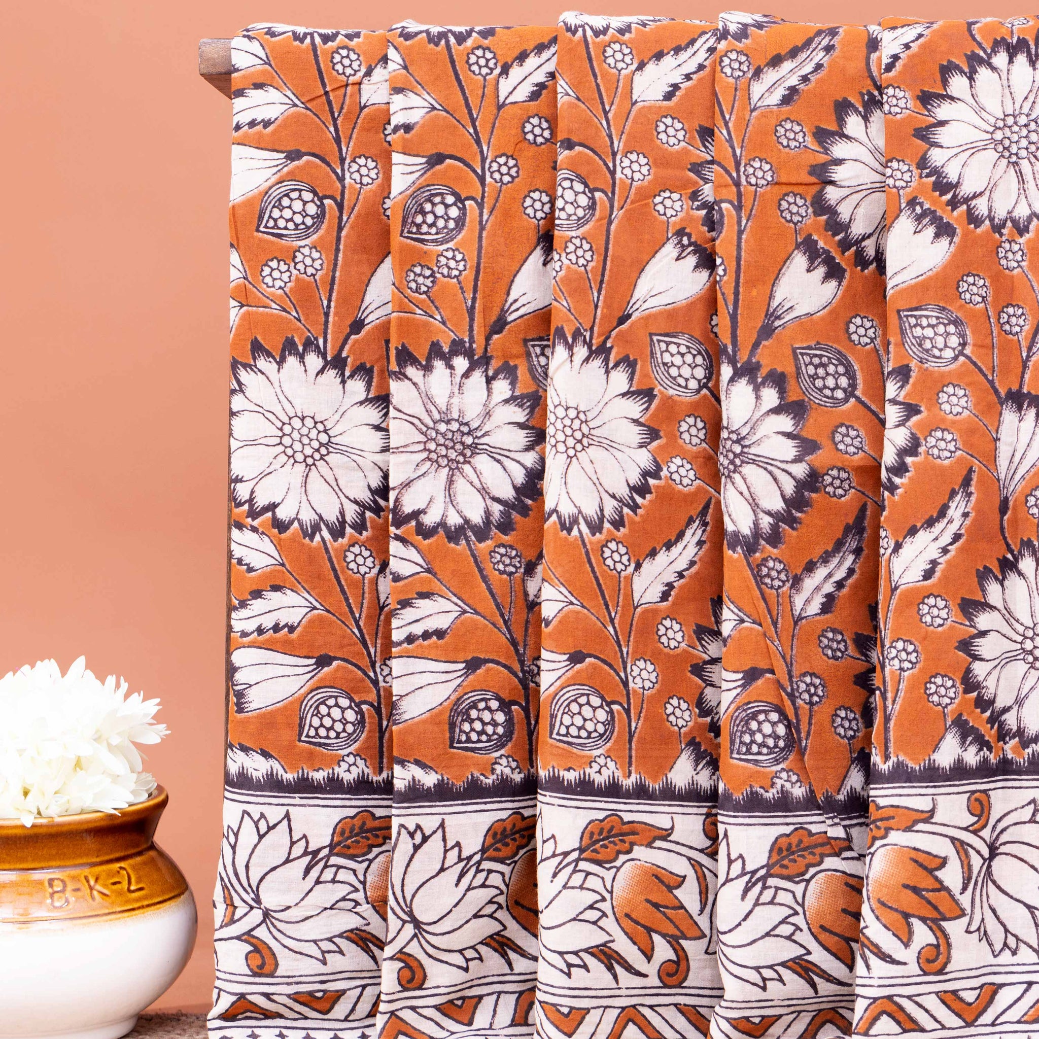 Traditional Hand-Block Printed Kalamkari Cotton Saree with Traditional Floral Motifs - Brown