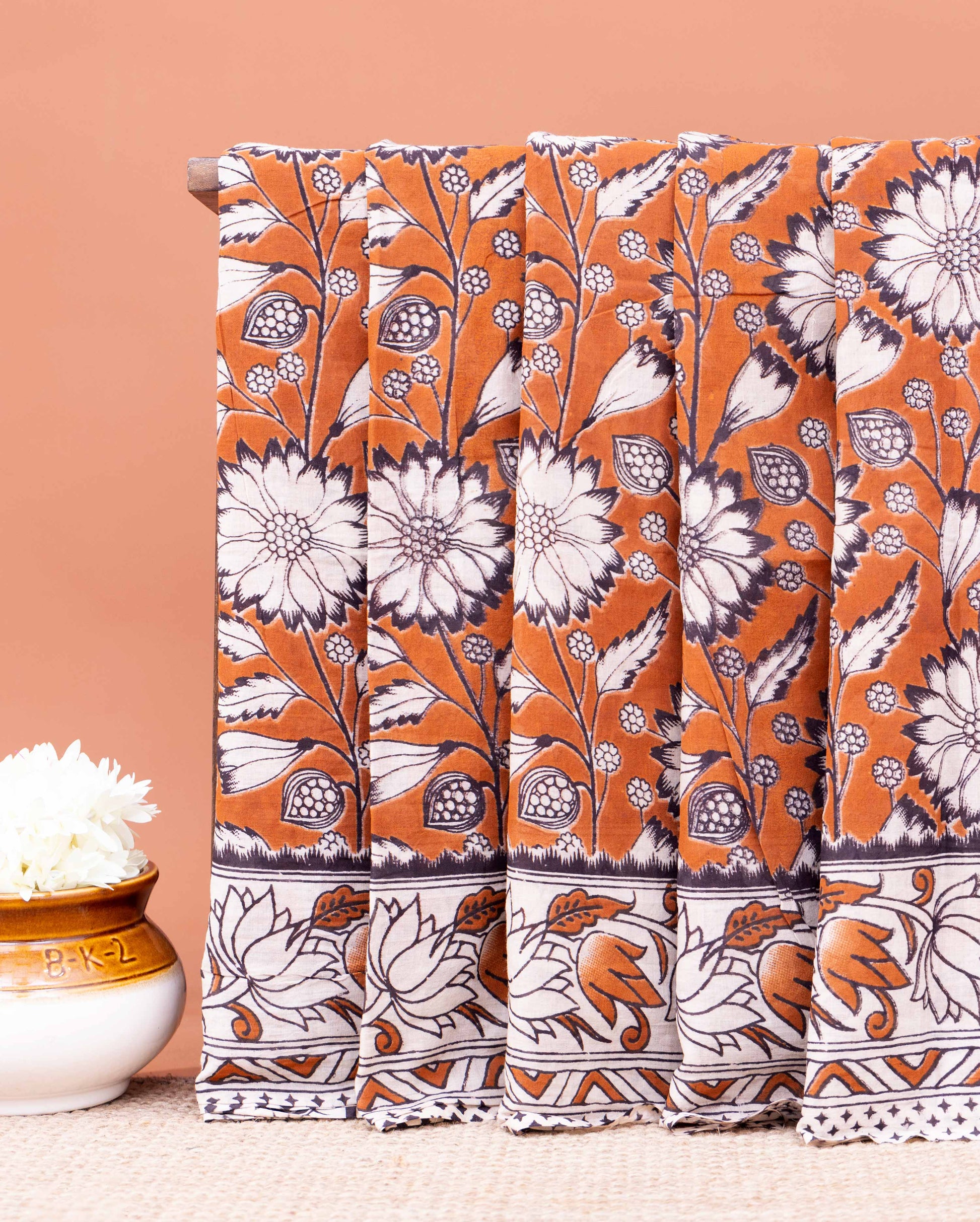 Traditional Hand-Block Printed Kalamkari Cotton Saree with Traditional Floral Motifs - Brown