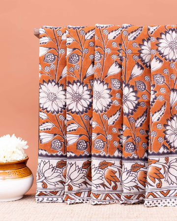 Traditional Hand-Block Printed Kalamkari Cotton Saree with Traditional Floral Motifs - Brown