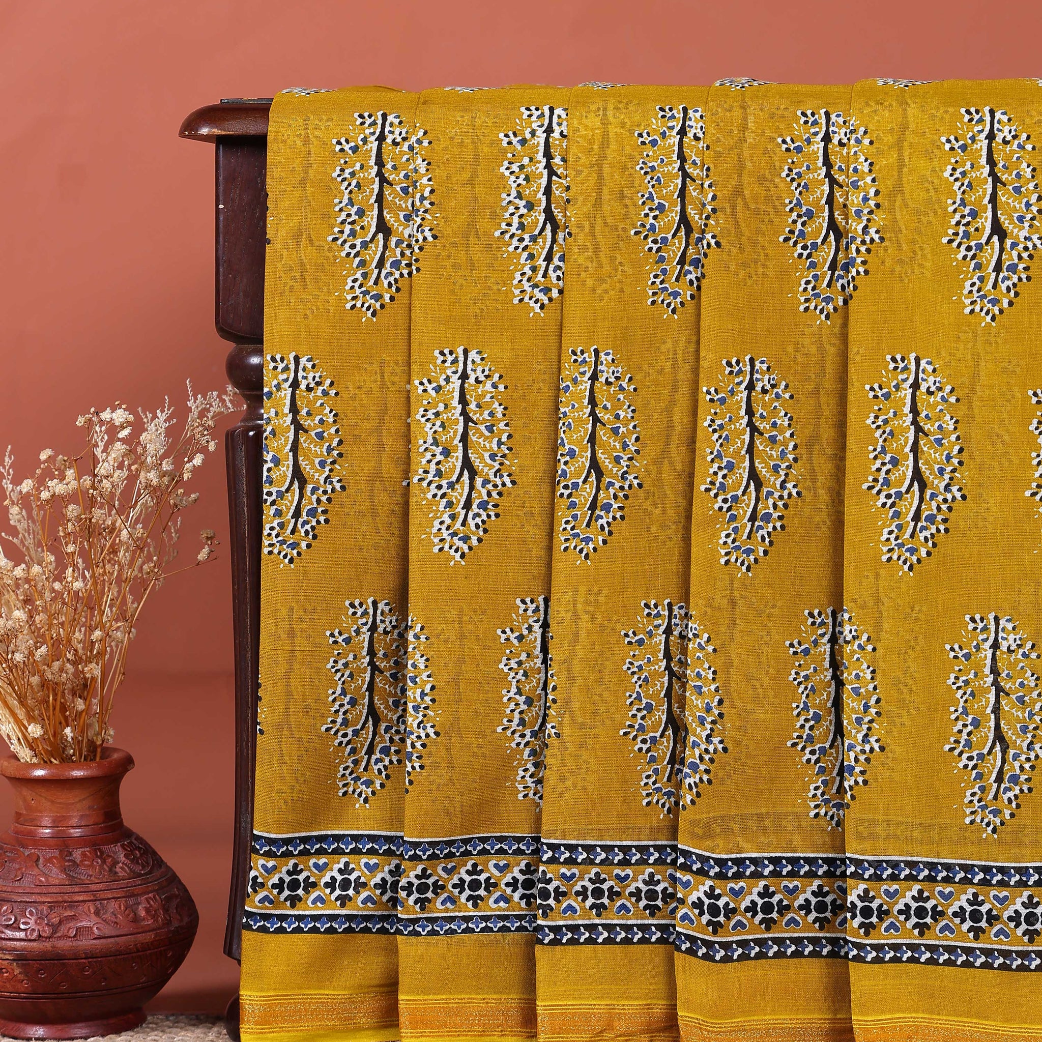 Traditional Hand-Block Printed Mul Mul Cotton Saree with Intricate Border - Yellow