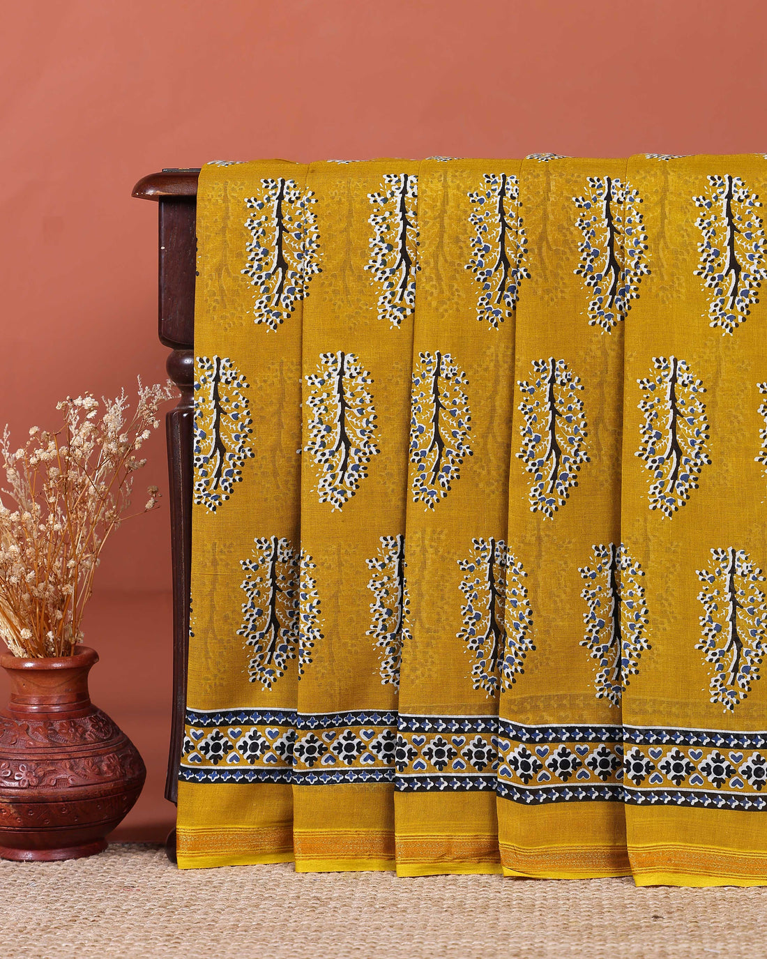 Traditional Hand-Block Printed Mul Mul Cotton Saree with Intricate Border - Yellow