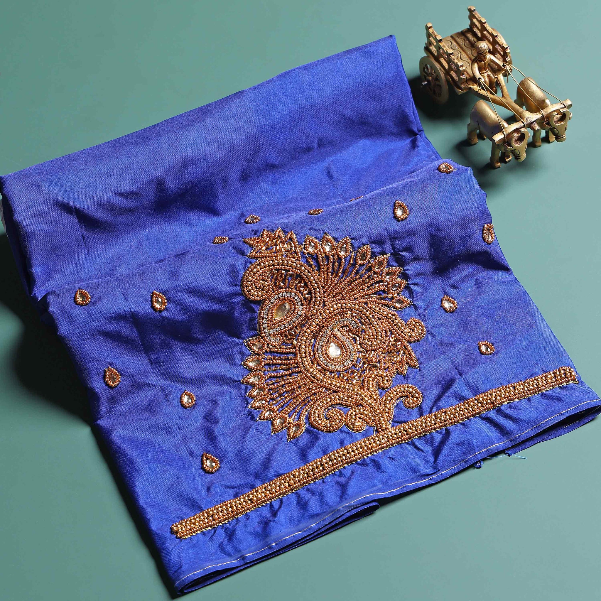 Traditional Hand-Embroidered Blouse Material with Aari Work - Blue