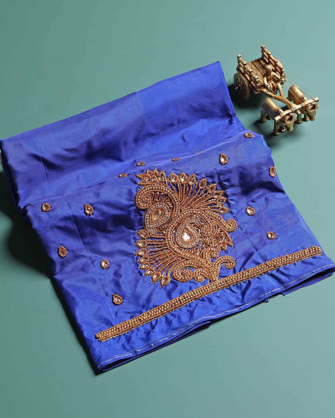 Traditional Hand-Embroidered Blouse Material with Aari Work - Blue