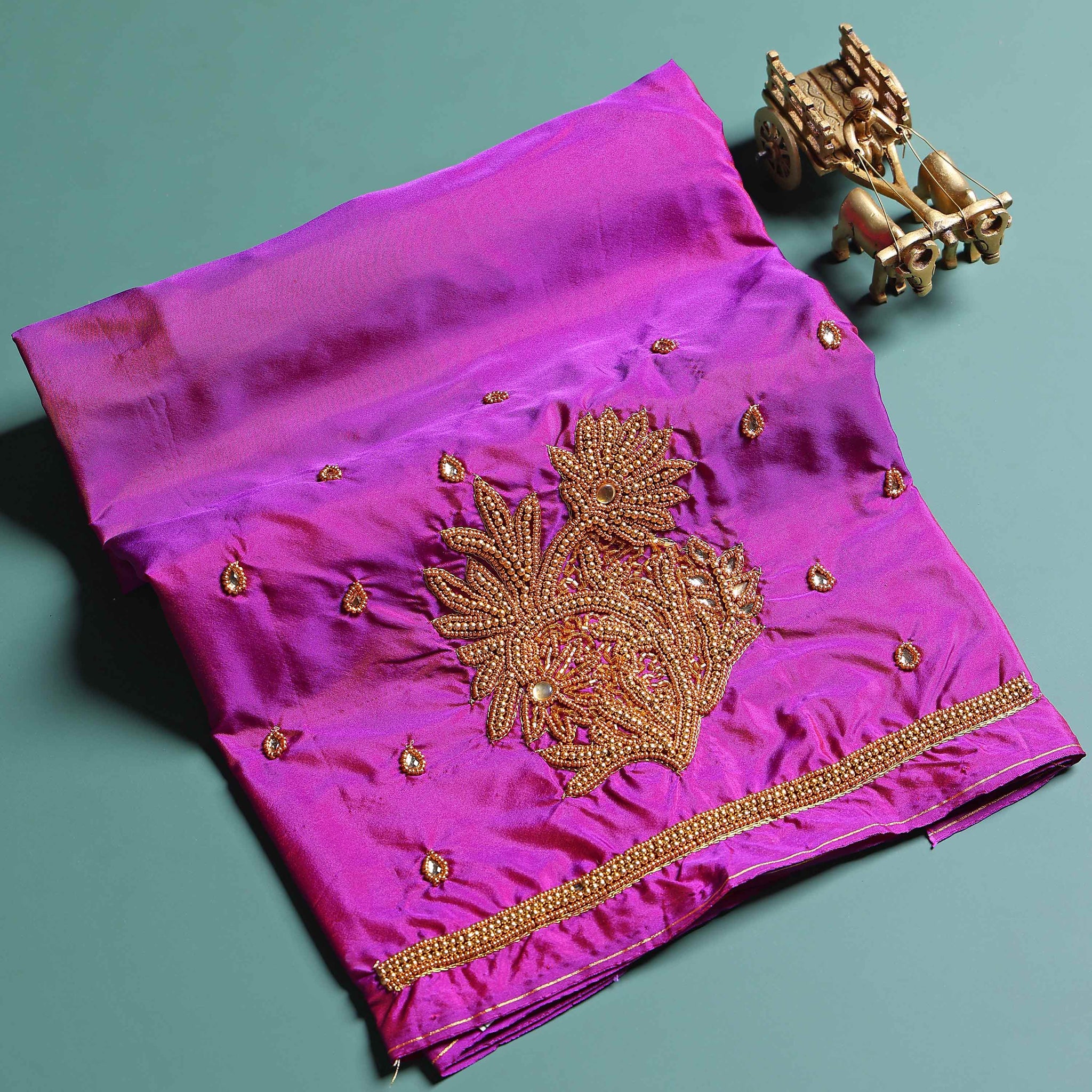 Traditional Hand-Embroidered Blouse Material with Aari Work - Purple