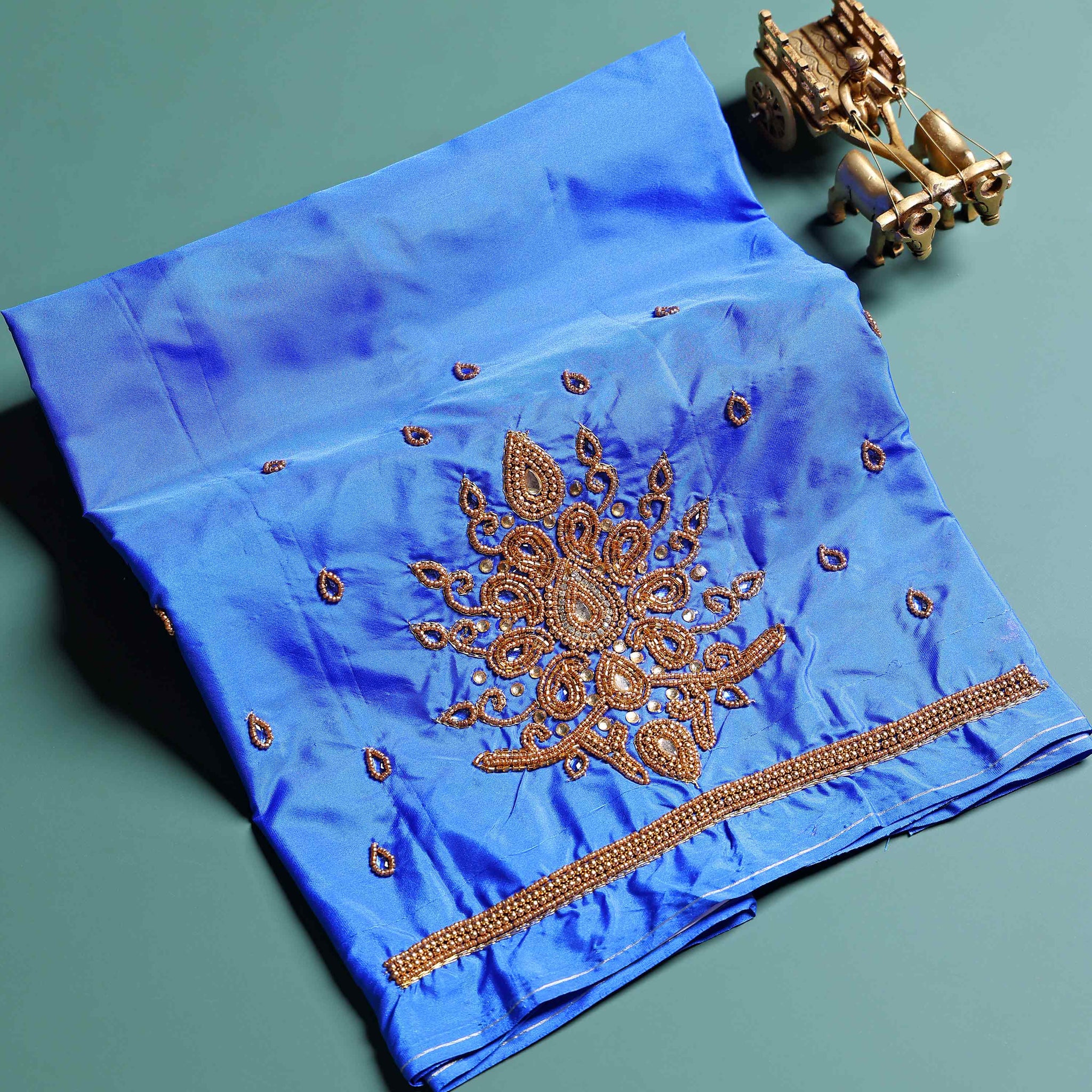 Traditional Hand-Embroidered Blouse Material with Aari Work - Royal Blue