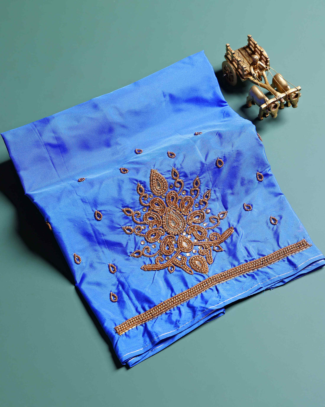 Traditional Hand-Embroidered Blouse Material with Aari Work - Royal Blue