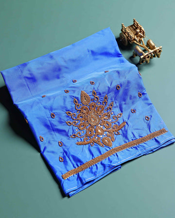 Traditional Hand-Embroidered Blouse Material with Aari Work - Royal Blue
