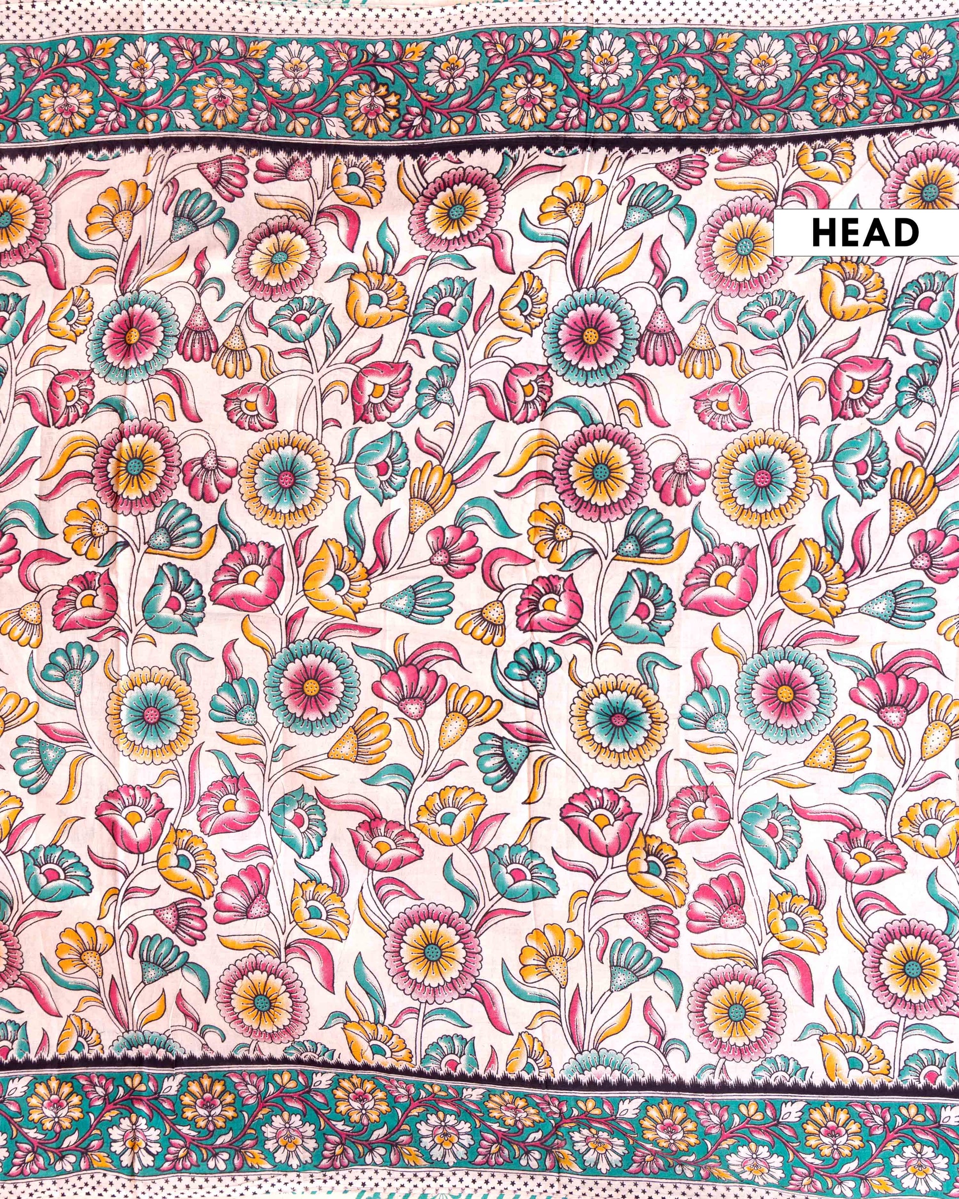 Traditional Hand-Painted Kalamkari Cotton Saree with Floral Border - Sandal