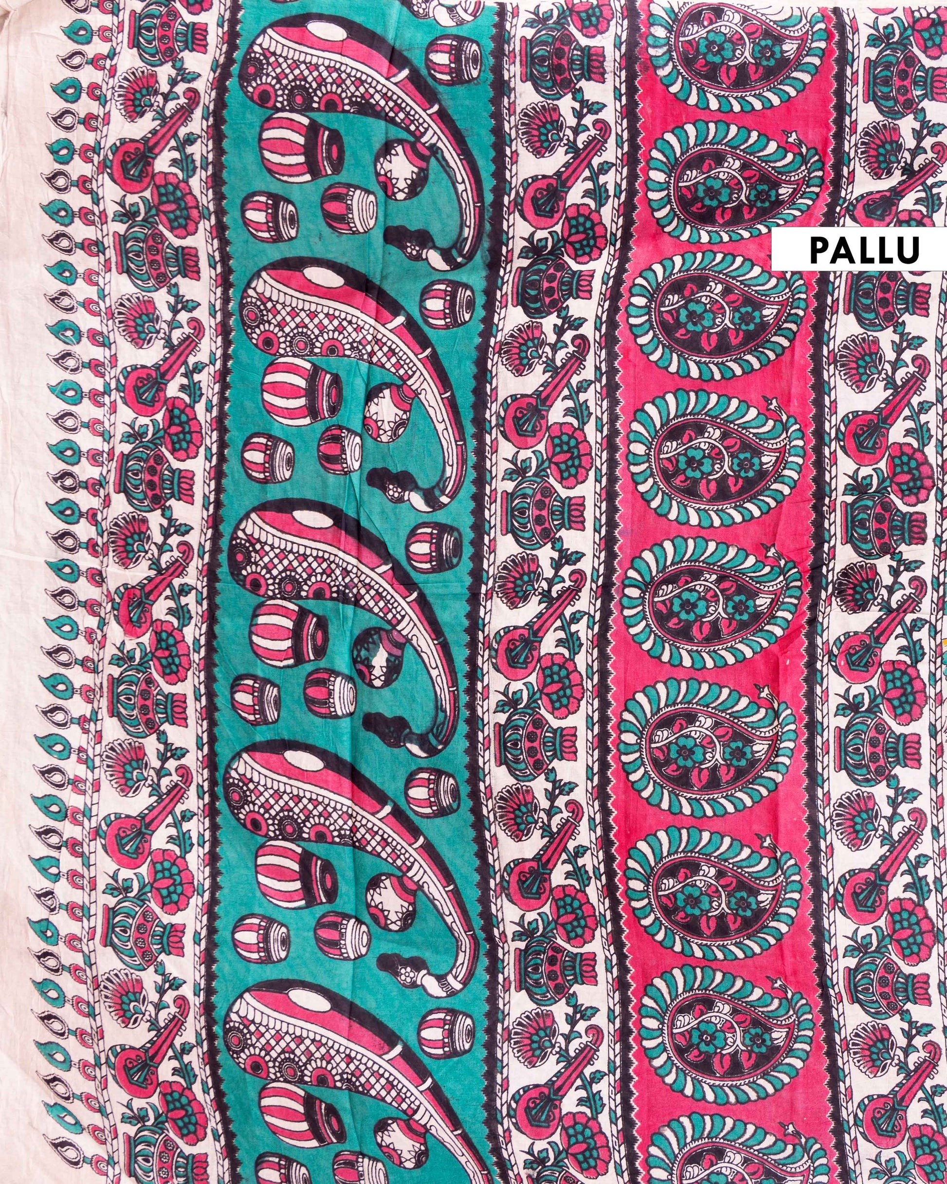 Traditional Hand-Painted Kalamkari Cotton Saree with Floral Border - Sandal