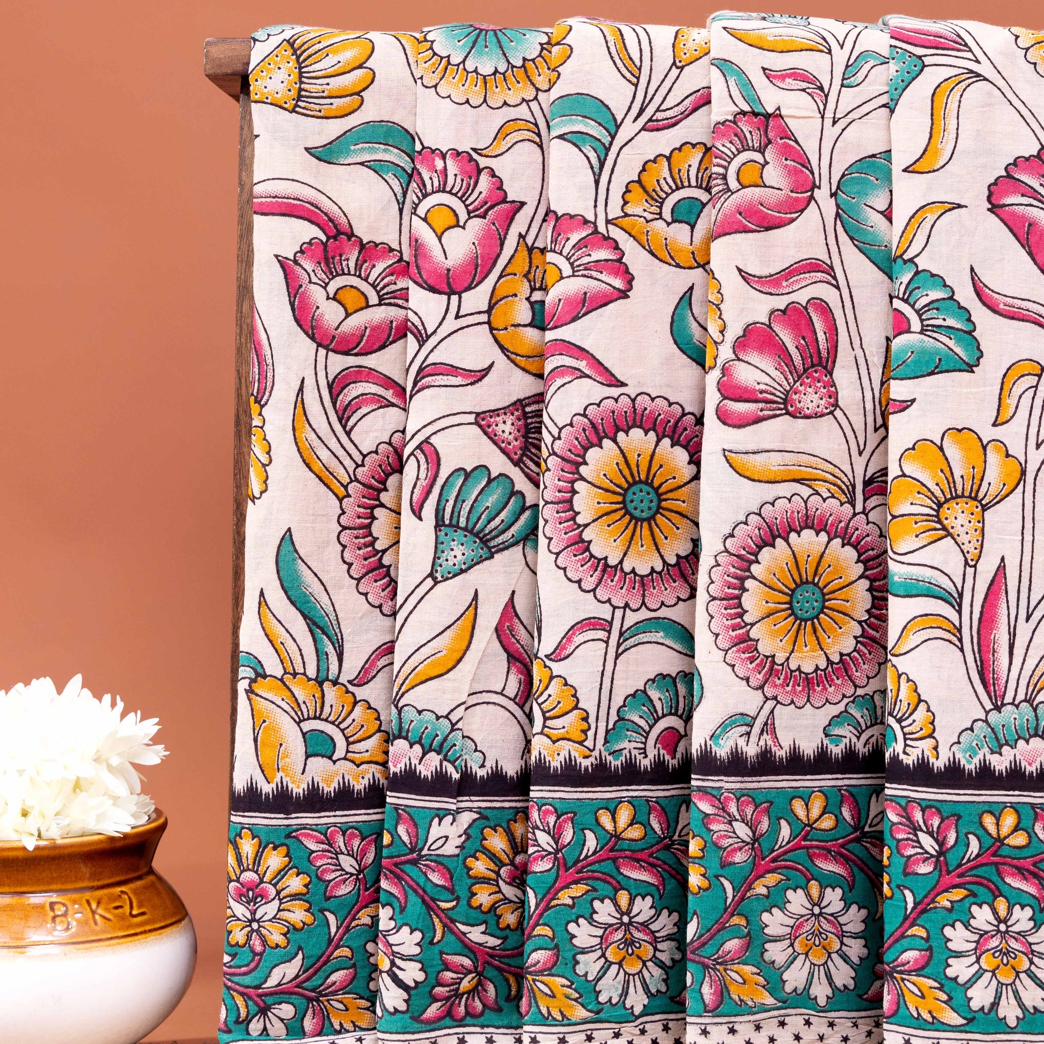 Traditional Hand-Painted Kalamkari Cotton Saree with Floral Border - Sandal