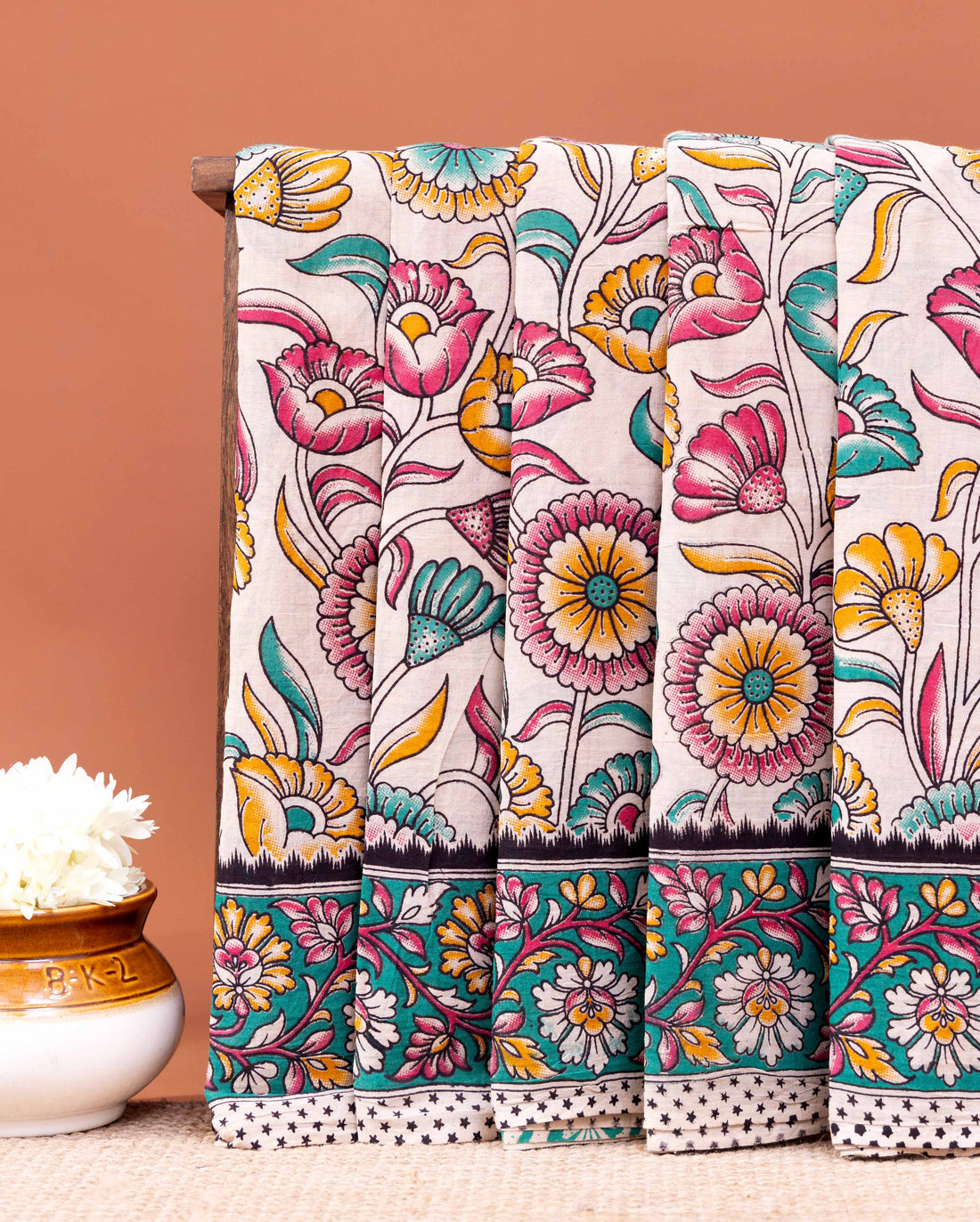 Traditional Hand-Painted Kalamkari Cotton Saree with Floral Border - Sandal