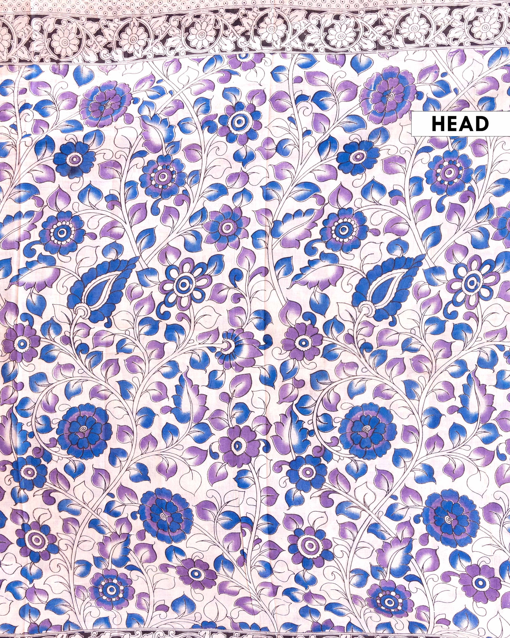 Traditional Hand-Painted Kalamkari Cotton Saree with Floral Motifs and Intricate Border - Cream